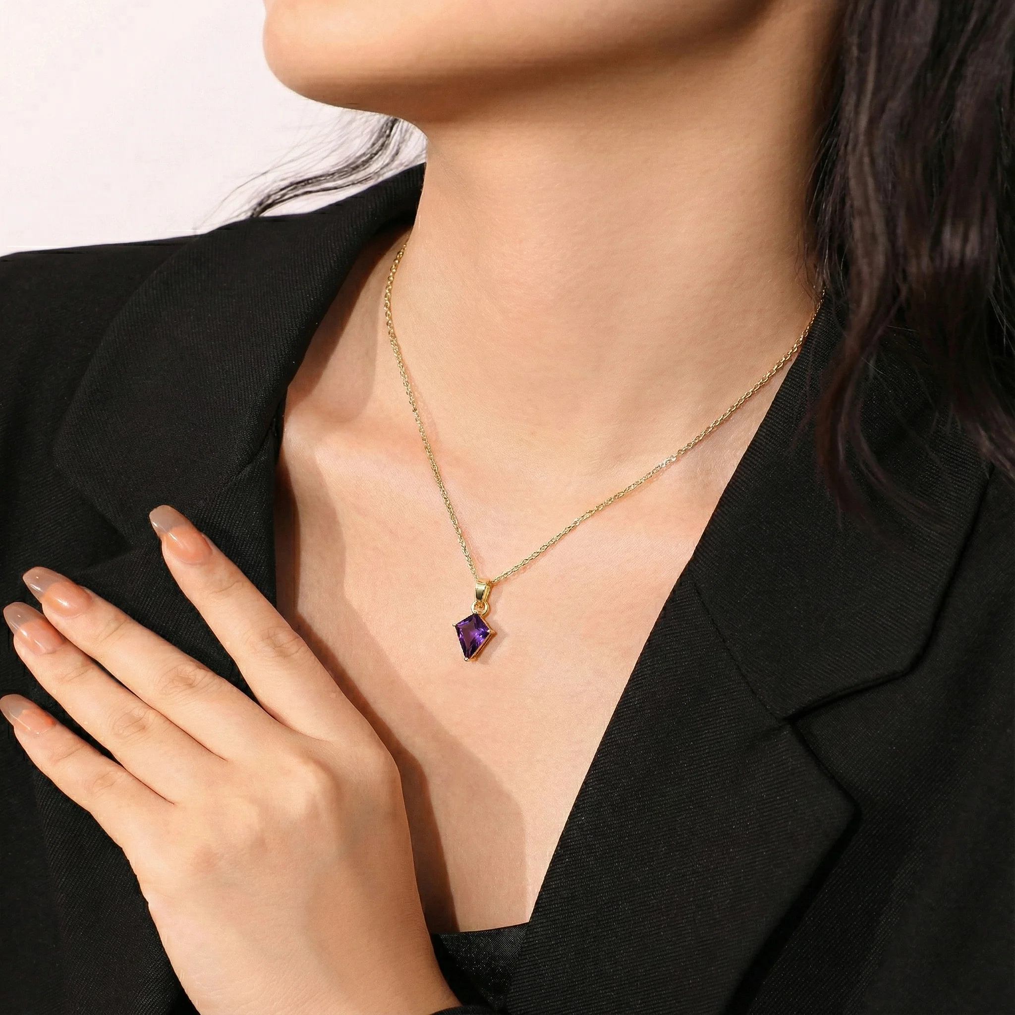 Amethyst Kite Solitaire Pendant Necklace in 925 Sterling Silver 1.4ct - Image 11