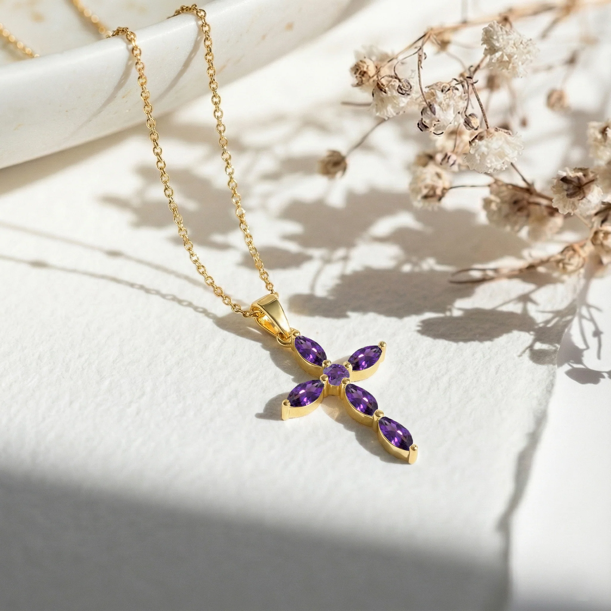 Amethyst Marquise Cross Pendant Necklace in 925 Sterling Silver 2ct - Image 9