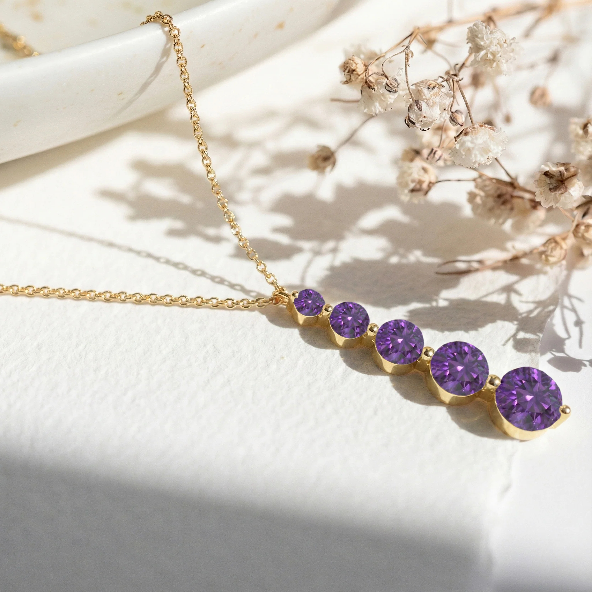 Amethyst Round 5 Stone Bar Pendant Necklace in 925 Sterling Silver 3.90ct - Image 10