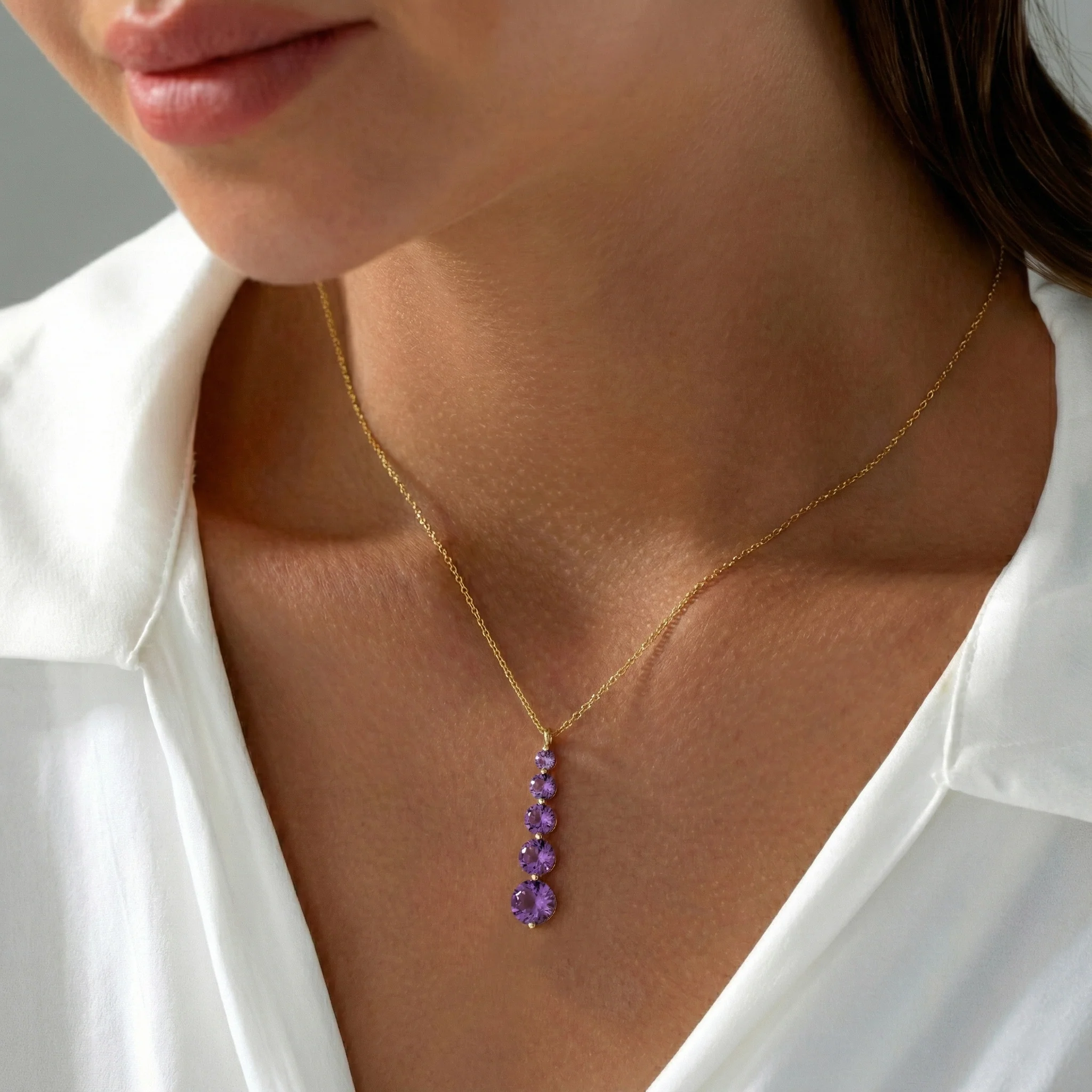 Amethyst Round 5 Stone Bar Pendant Necklace in 925 Sterling Silver 3.90ct - Image 14