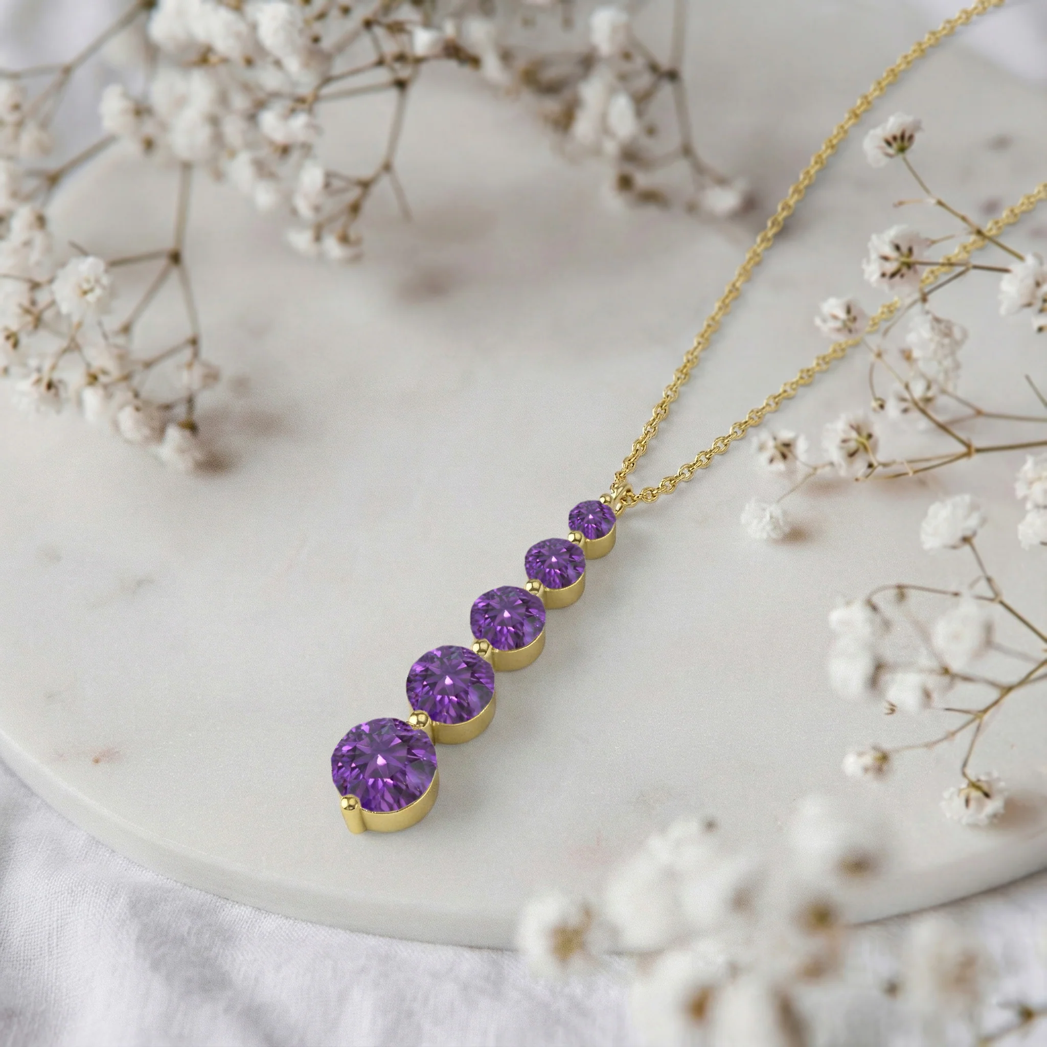 Amethyst Round 5 Stone Bar Pendant Necklace in 925 Sterling Silver 3.90ct - Image 9