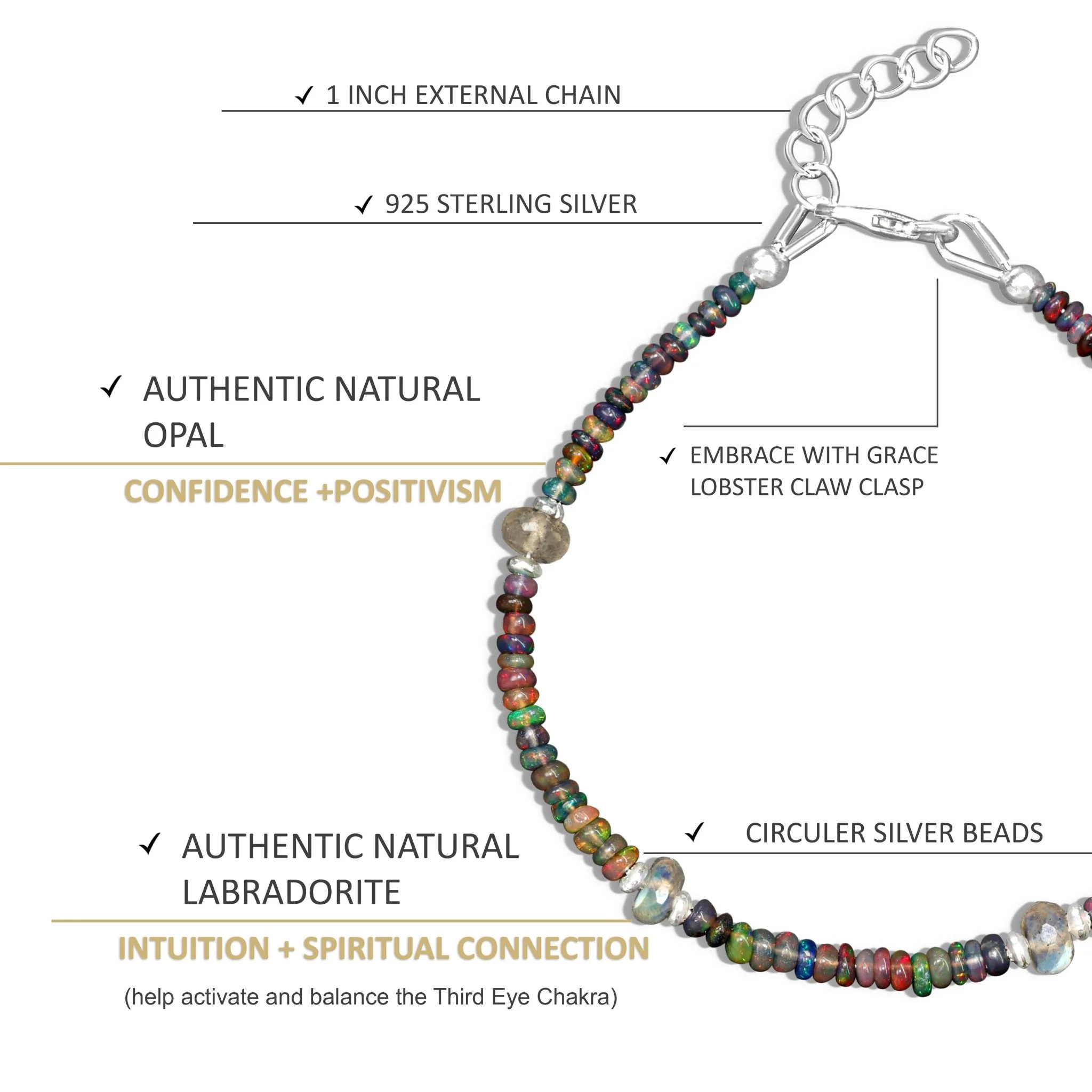 Black Opal Beaded Bracelet with Moonstone Charms beads Bracelet - Image 5
