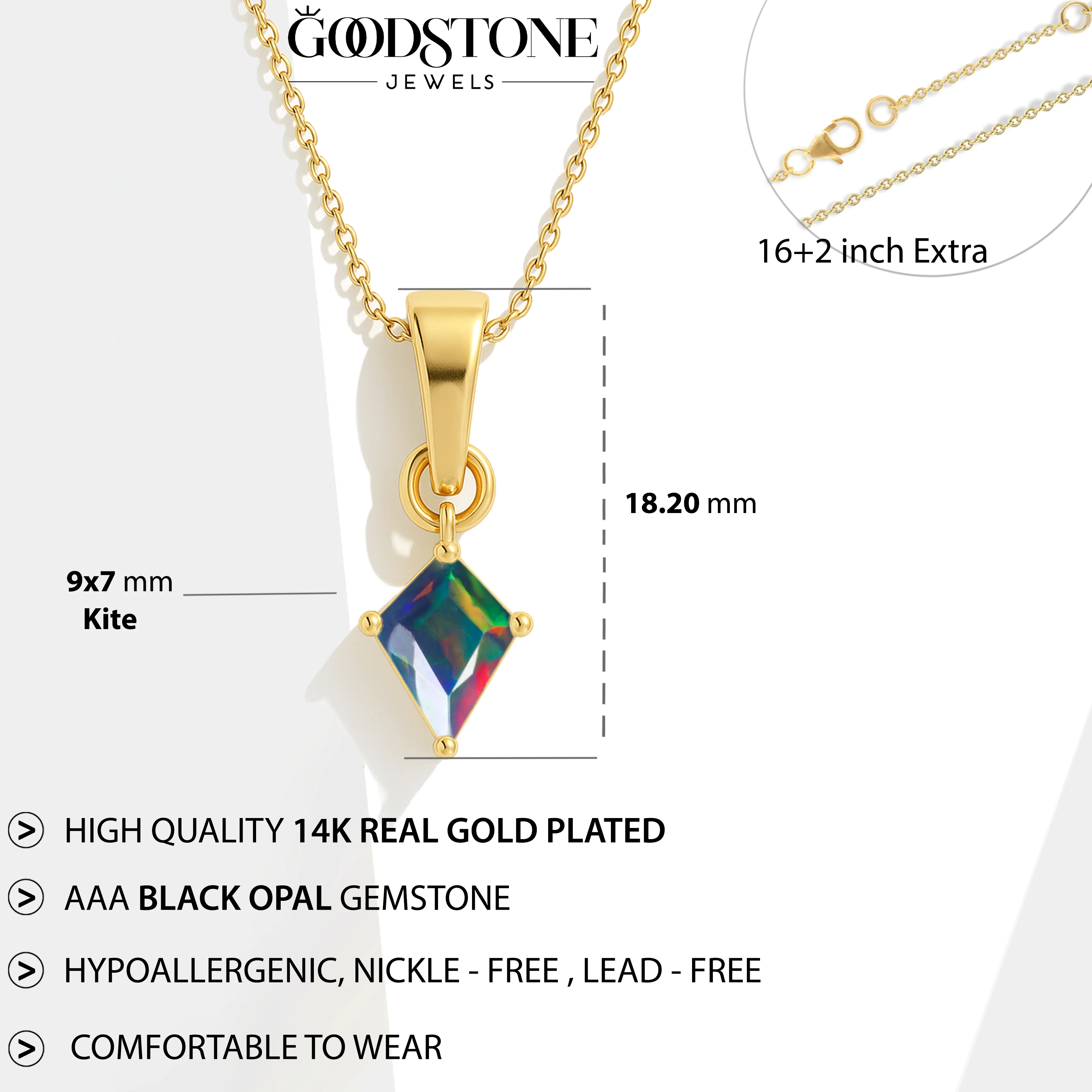Black Opal Kite Solitaire Pendant Necklace in 925 Sterling Silver 7x9mm Stone 1.20ct - Image 10