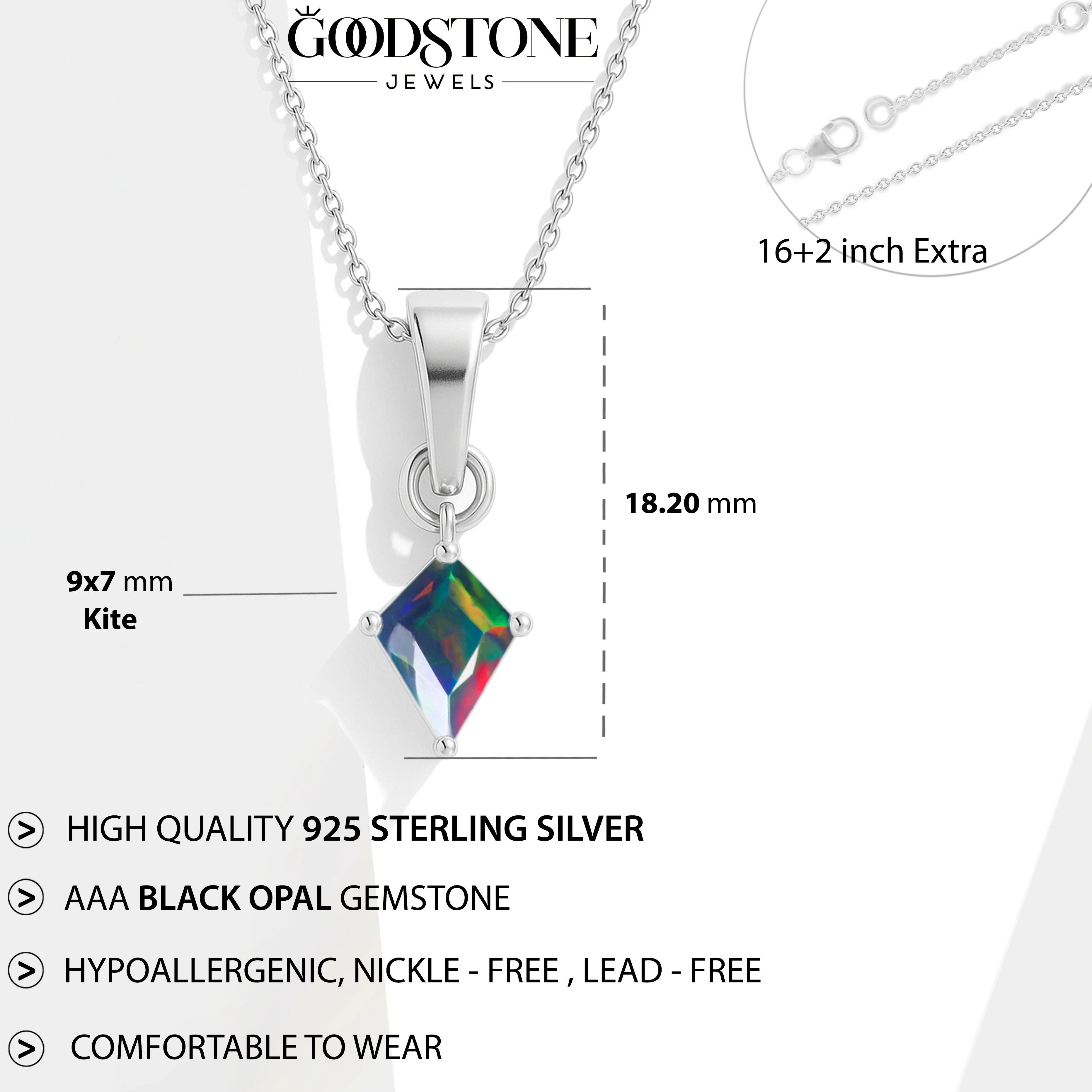 Black Opal Kite Solitaire Pendant Necklace in 925 Sterling Silver 7x9mm Stone 1.20ct - Image 4