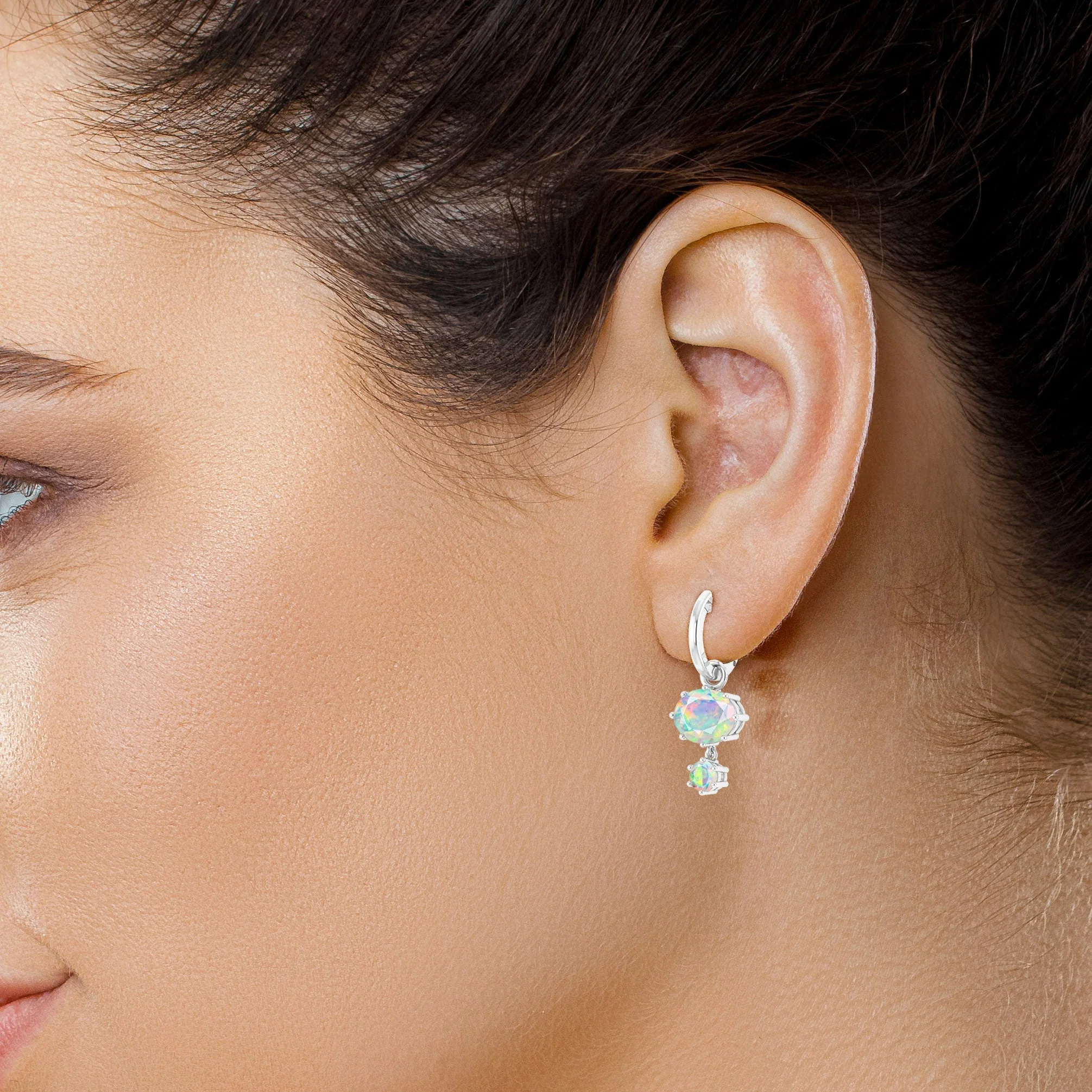 Blue Fire Opal Dual Round Stone Hoop Earrings - Image 4