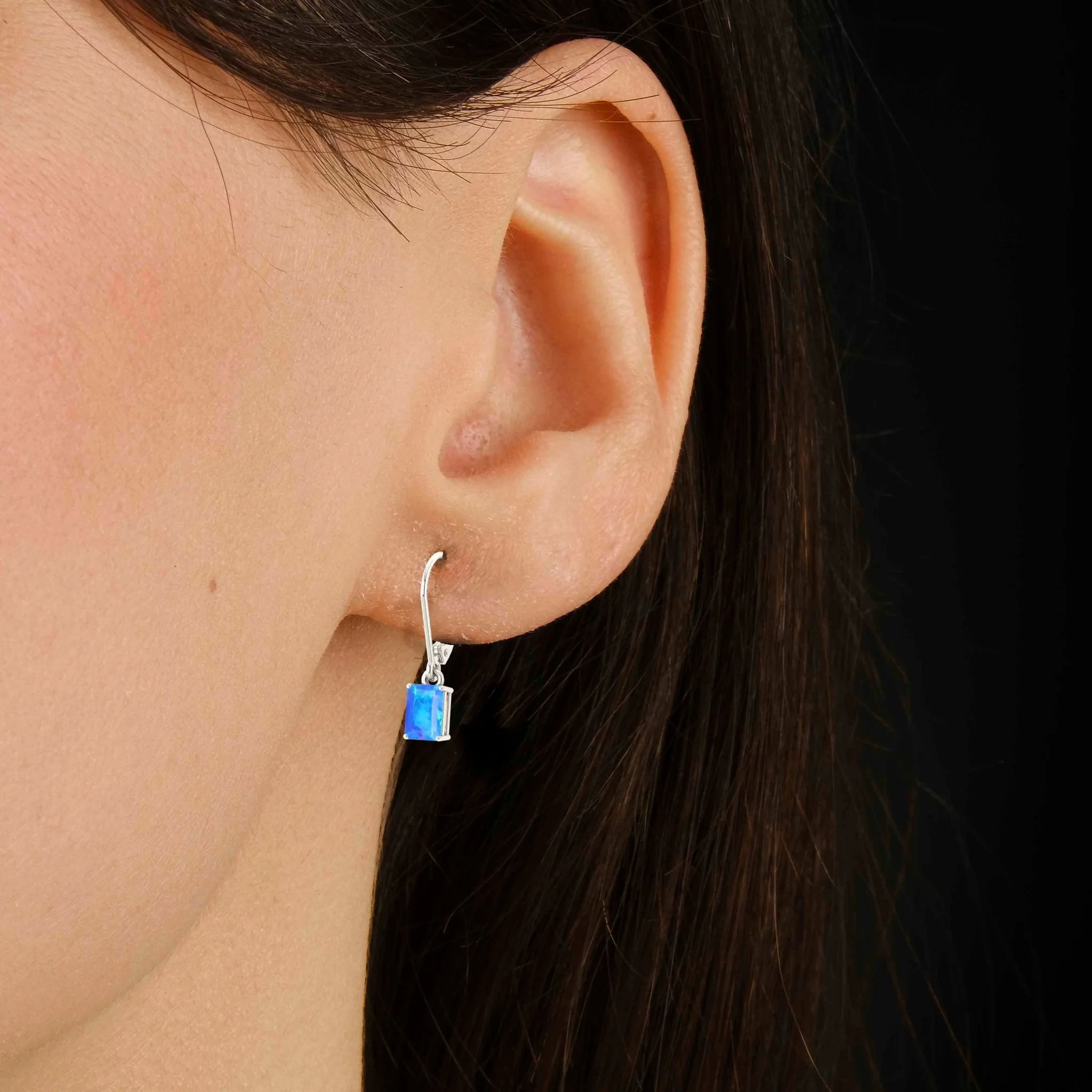 Blue Fire Opal Octagon Drop Dangle Earrings - Image 4