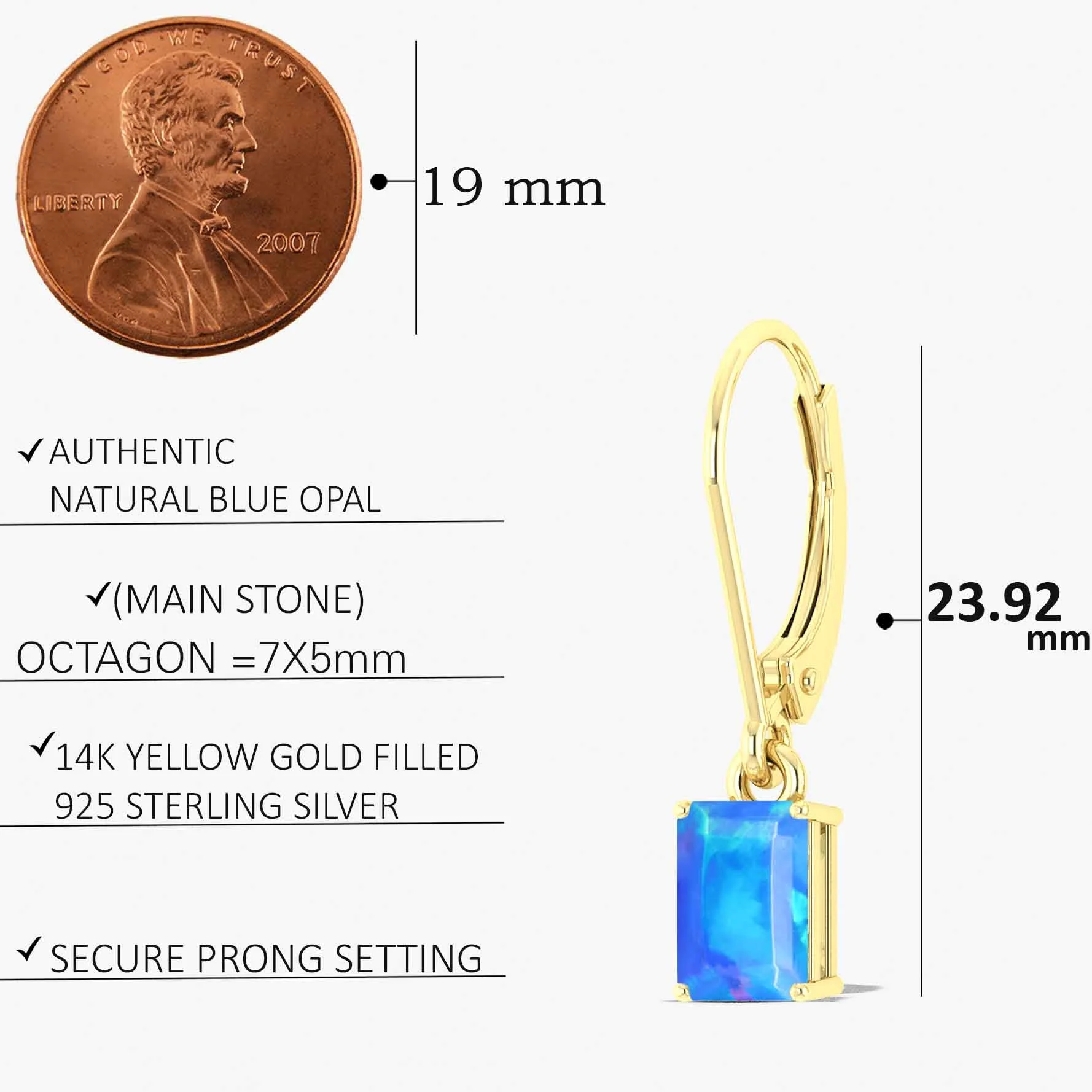 Blue Fire Opal Octagon Drop Dangle Earrings - Image 5