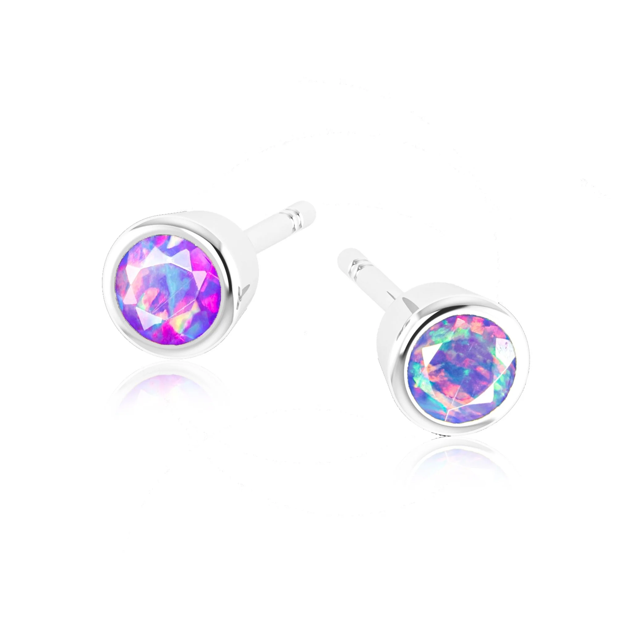 Blue Fire Round Opal Bezel Stud Earring - Image 4