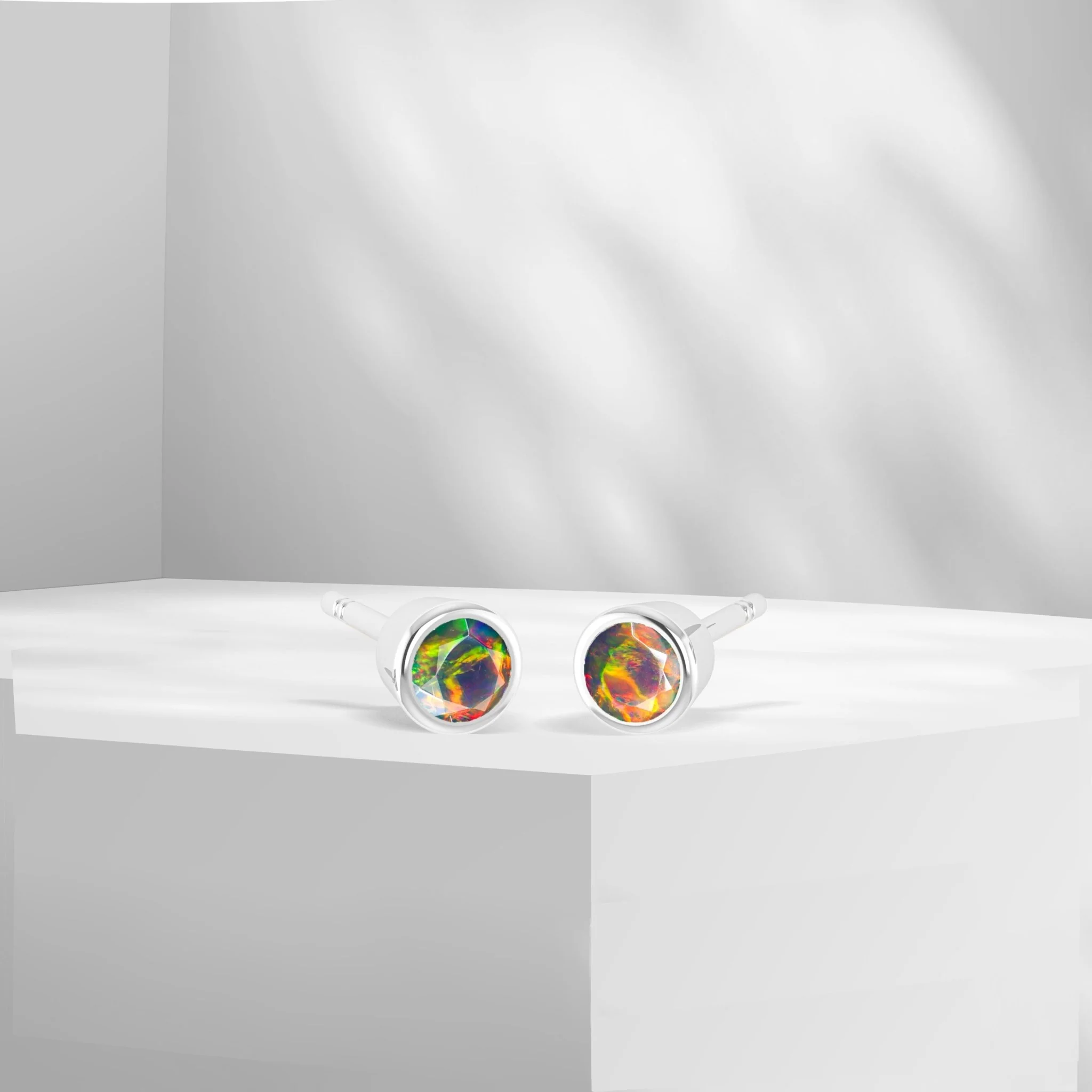 Blue Fire Round Opal Bezel Stud Earring - Image 8