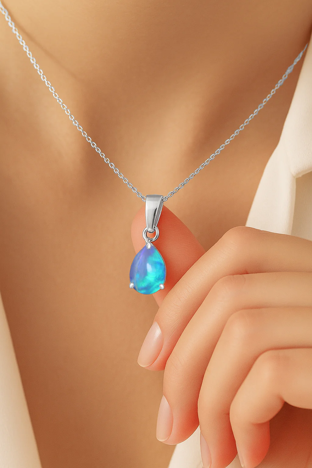 Blue Opal Pear Solitaire Teardrop Pendant Necklace in 925 Sterling Silver 1.20ct - Image 3