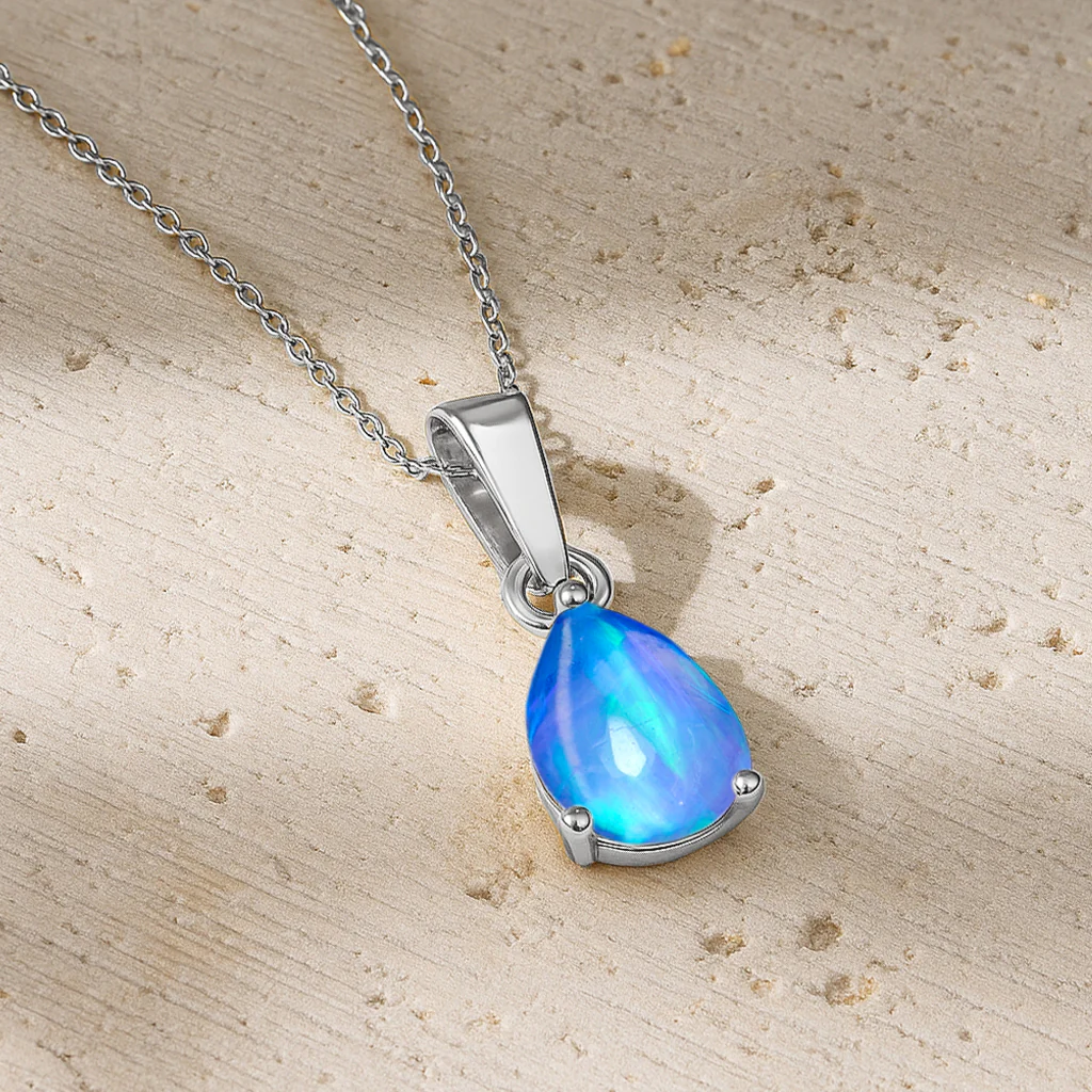 Blue Opal Pear Solitaire Teardrop Pendant Necklace in 925 Sterling Silver 1.20ct - Image 6