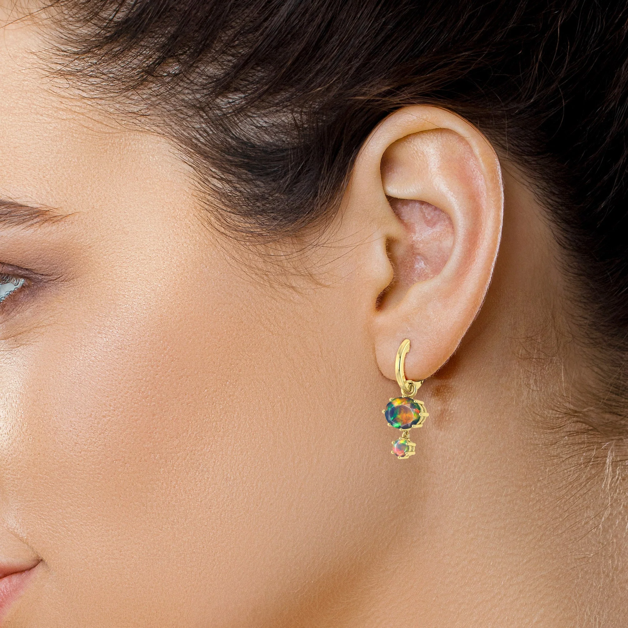Black Fire Opal Dual Round Stone Hoop Earrings - Image 3