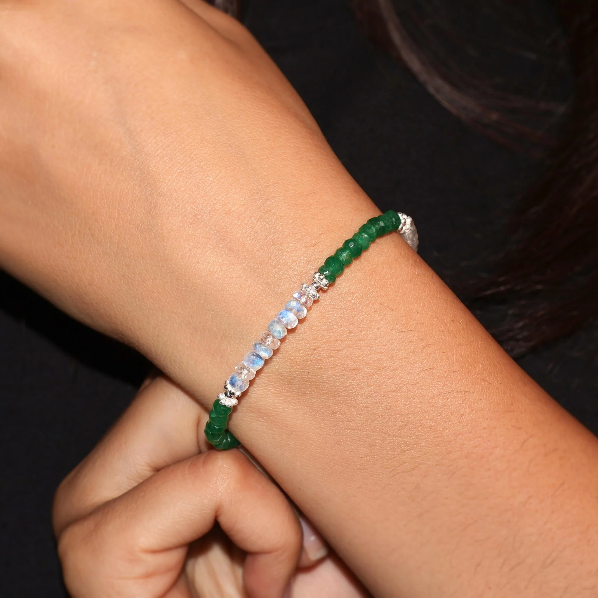 Gemstone Beauty Moonstone and Emerald Beaded Bracelet - Image 5