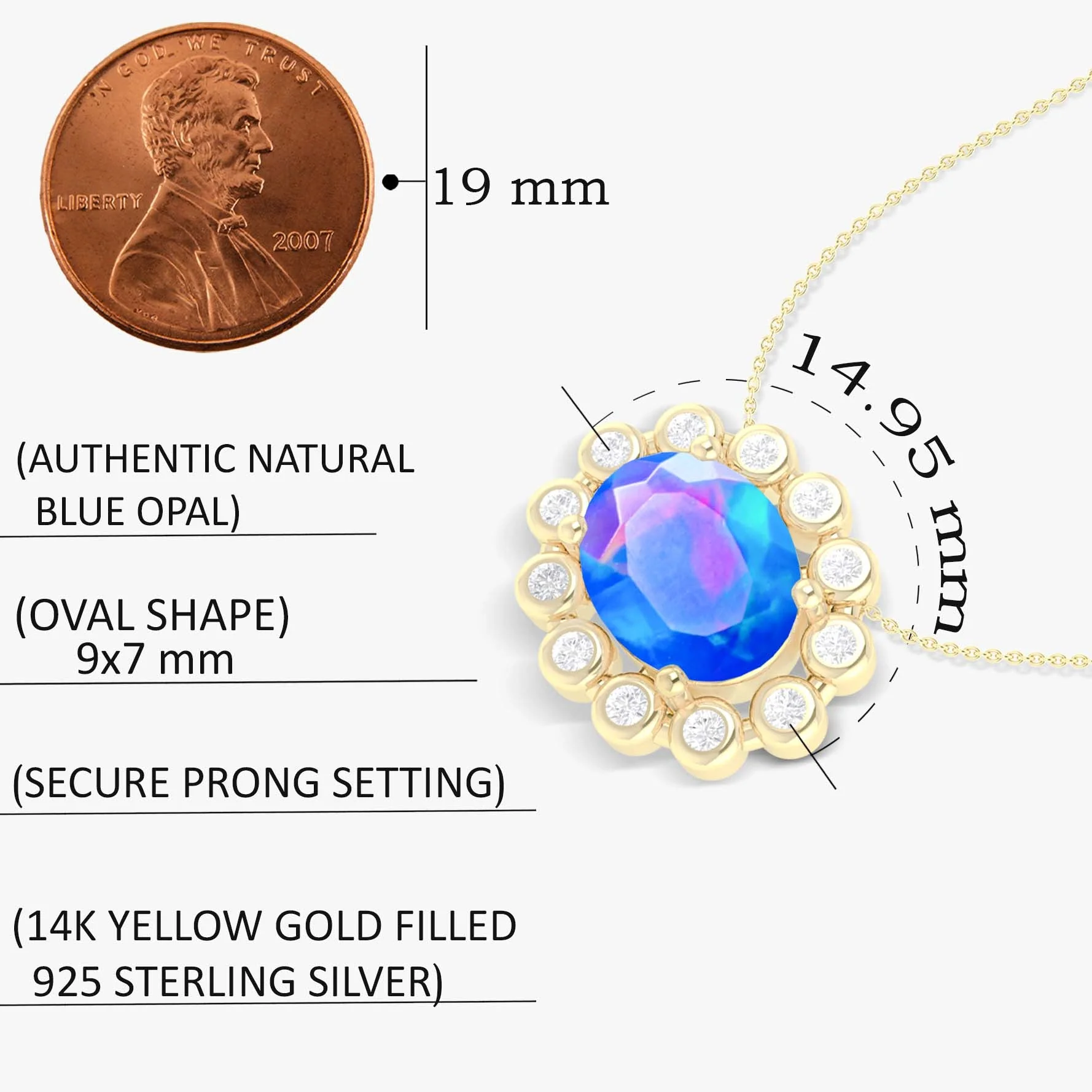 Halo Chain Pendant Necklace with Natural Blue Opal & White Zircon - Image 5
