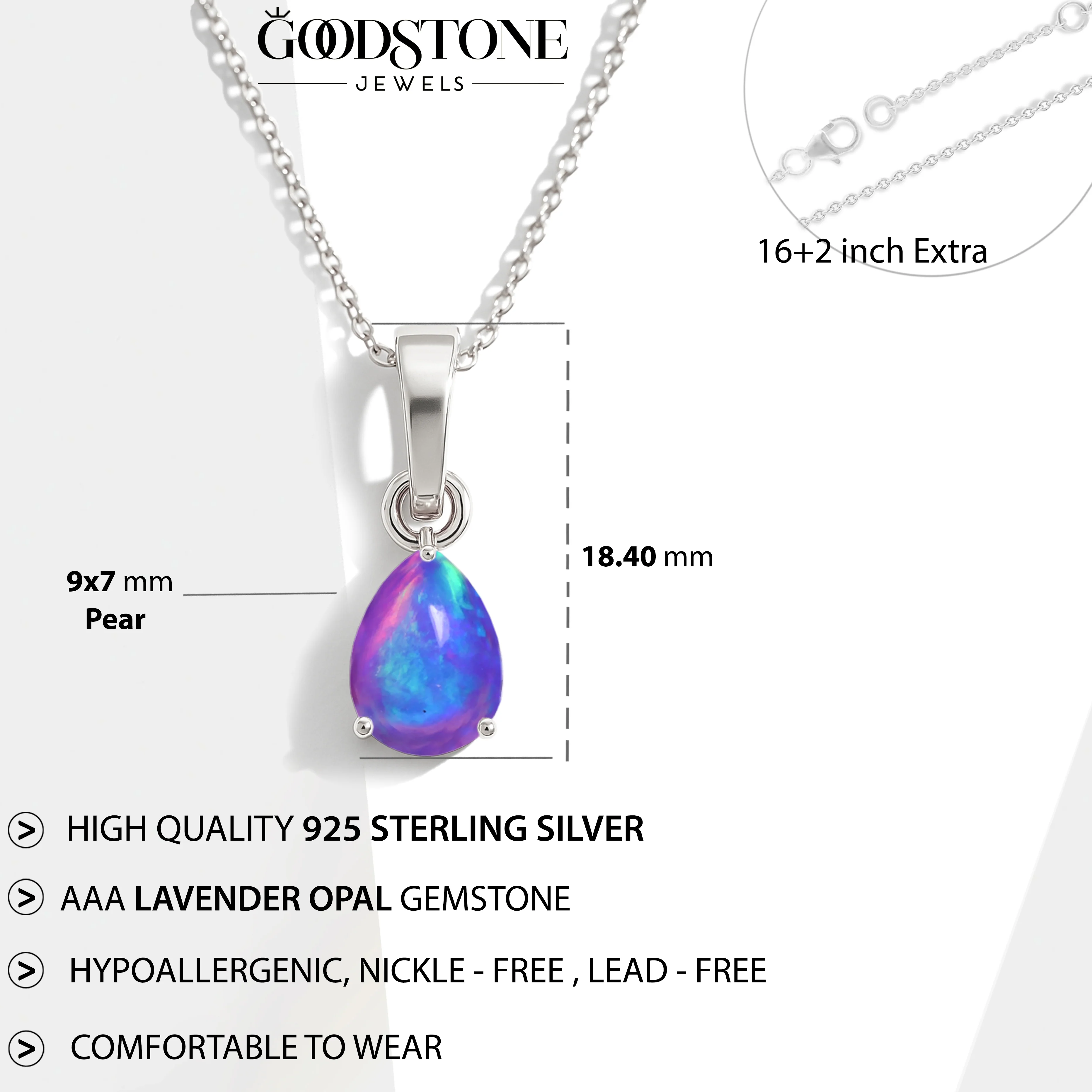 Lavender Opal Pear Solitaire Teardrop Pendant Necklace in 925 Sterling Silver 1.20ct - Image 5