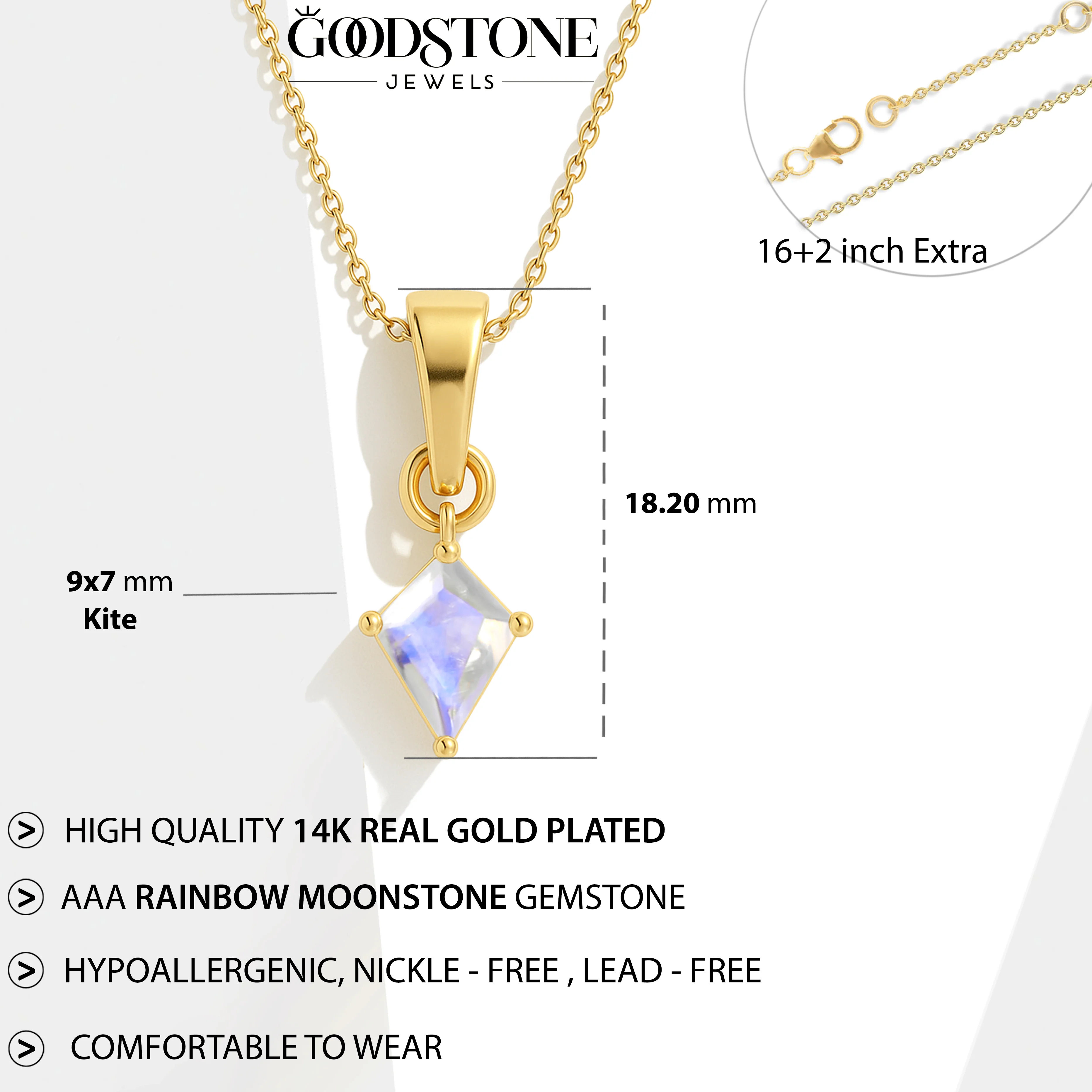 Moonstone Kite Solitaire Pendant Necklace in 925 Sterling Silver 7x9mm Stone 1.40ct - Image 10
