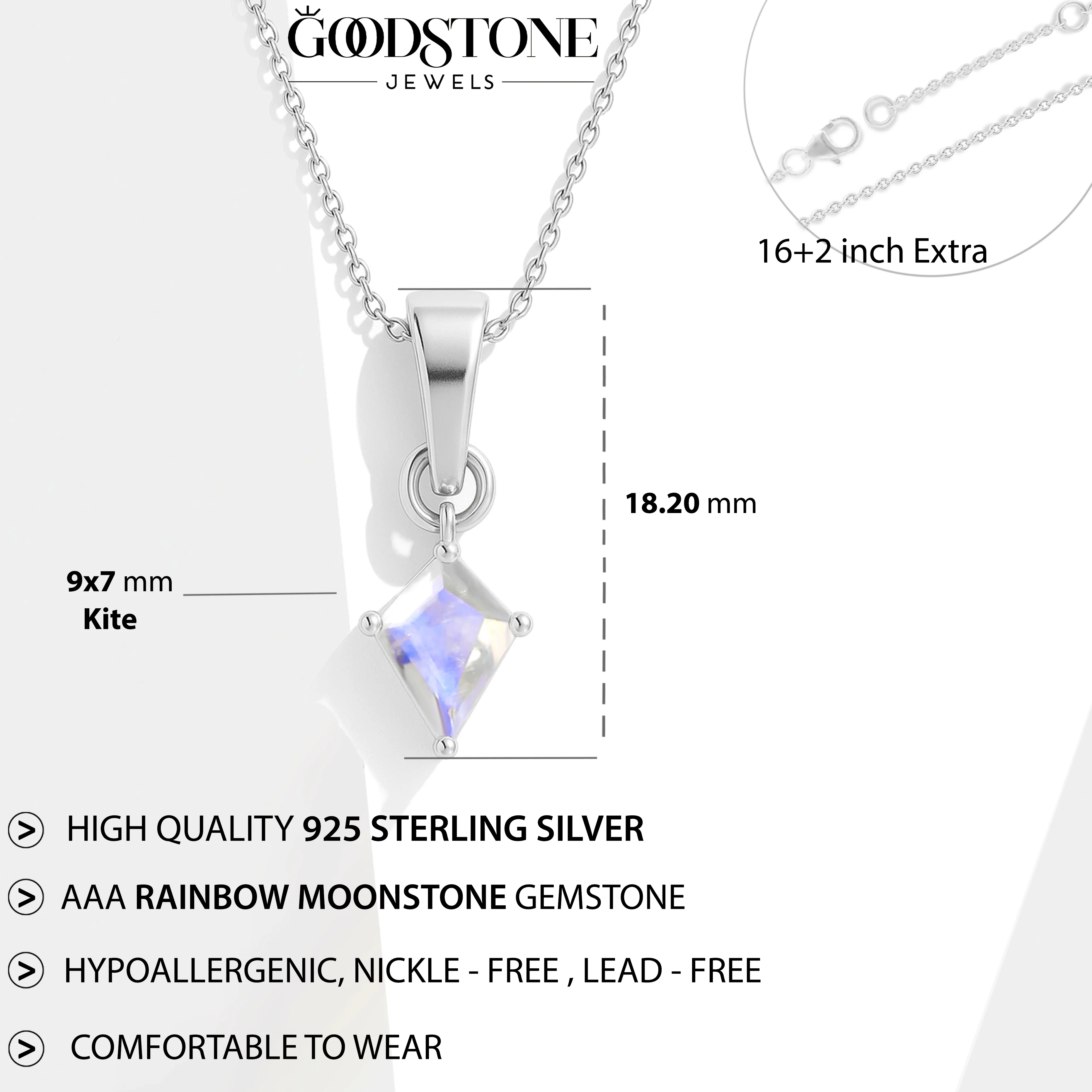 Moonstone Kite Solitaire Pendant Necklace in 925 Sterling Silver 7x9mm Stone 1.40ct - Image 4