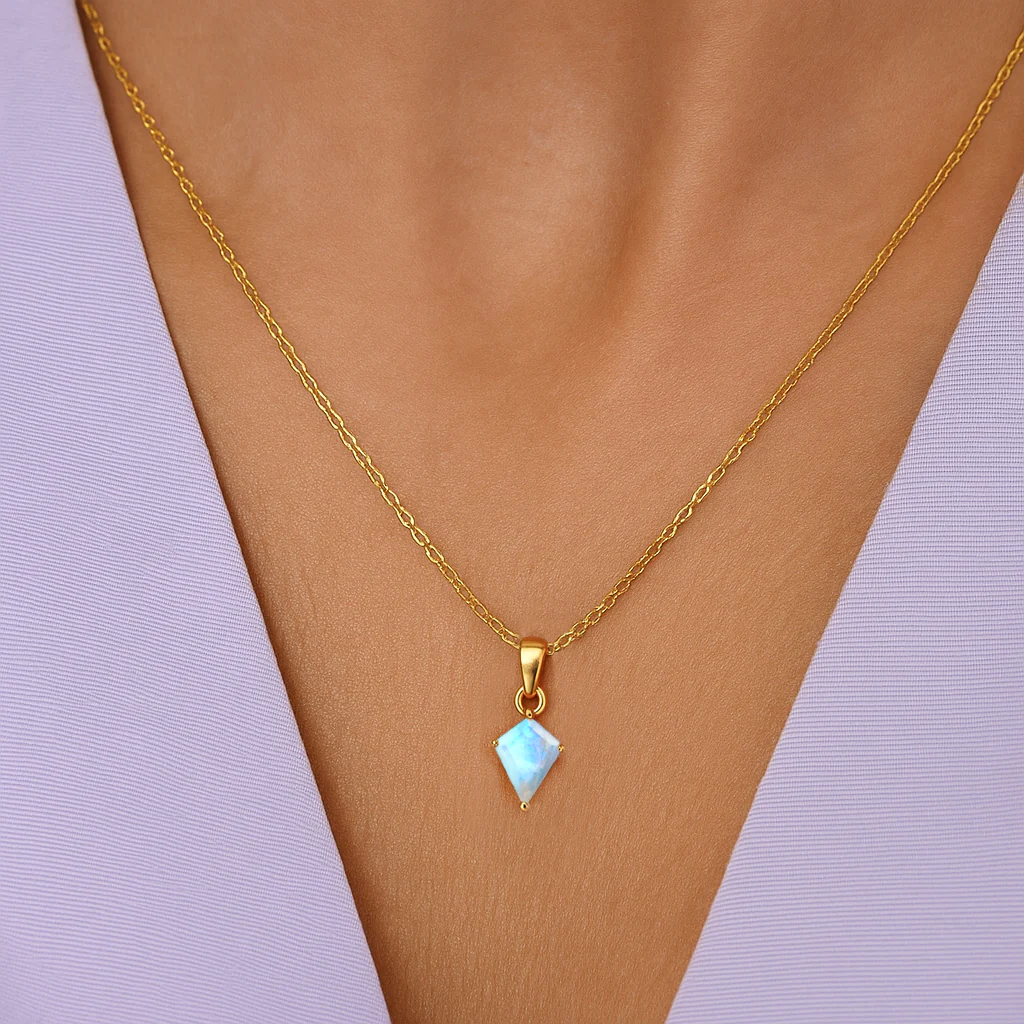 Moonstone Kite Solitaire Pendant Necklace in 925 Sterling Silver 7x9mm Stone 1.40ct - Image 6