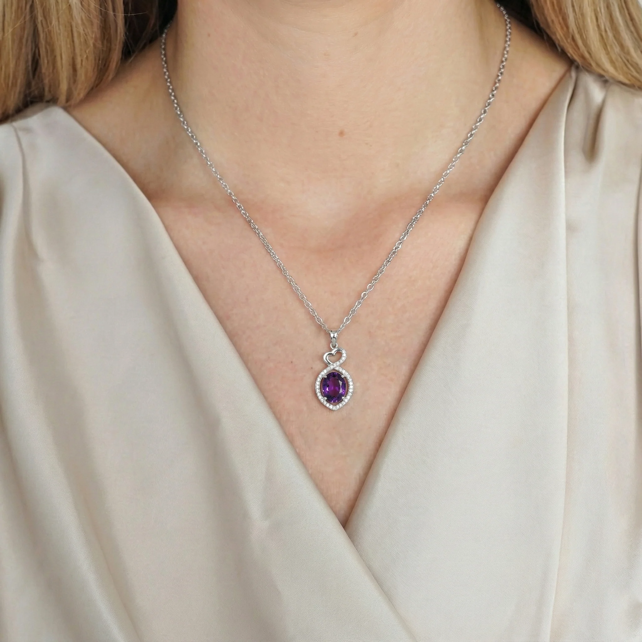 Amethyst Oval Infinity Twist Heart Pendant Necklace in 925 Sterling Silver 1.2ct - Image 7