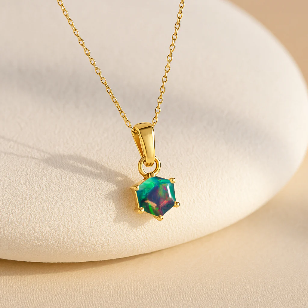 Natural Black Opal Hexagon Solitaire Pendant Necklace in 925 Sterling Silver 1.20ct - Image 5