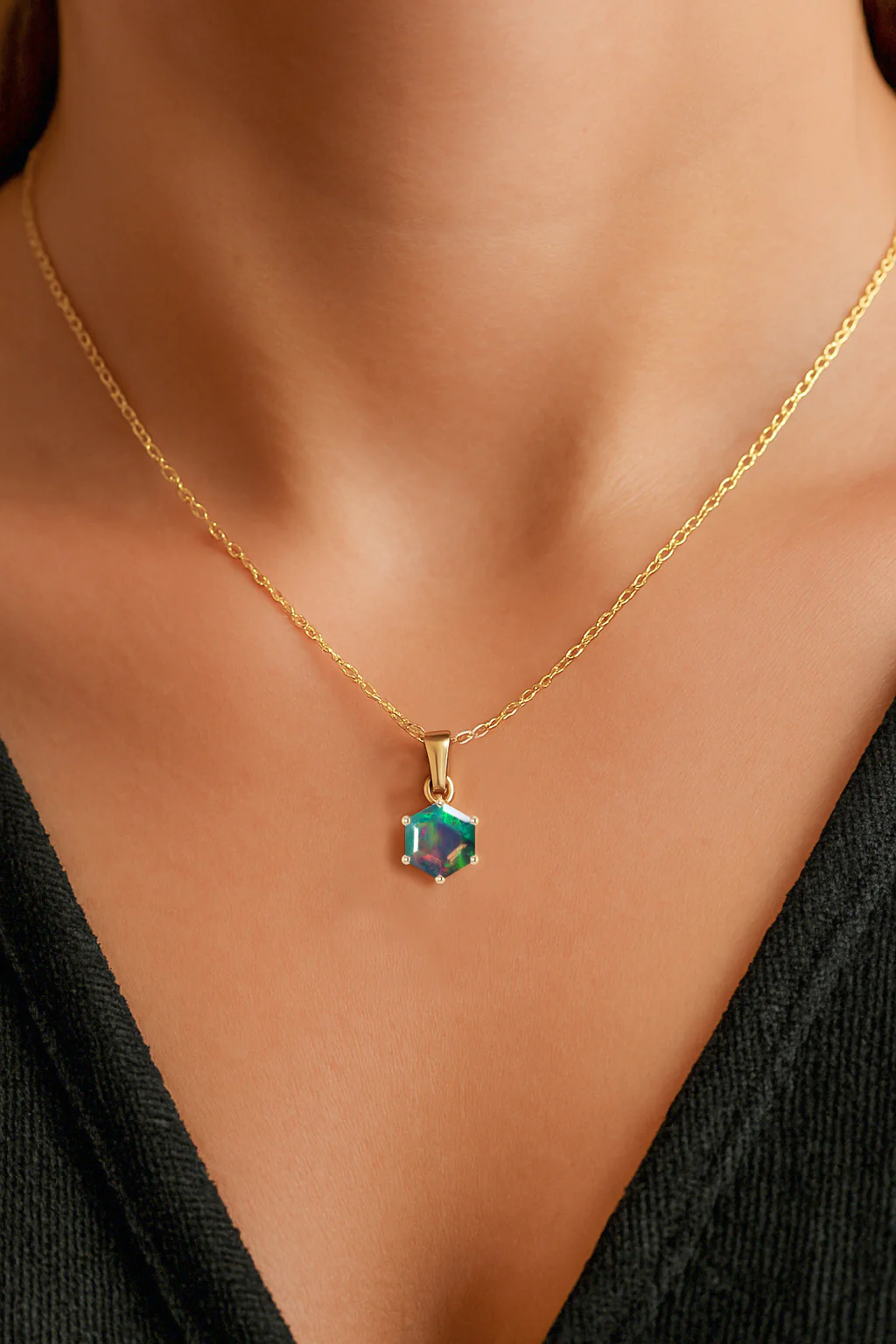 Natural Black Opal Hexagon Solitaire Pendant Necklace in 925 Sterling Silver 1.20ct - Image 8