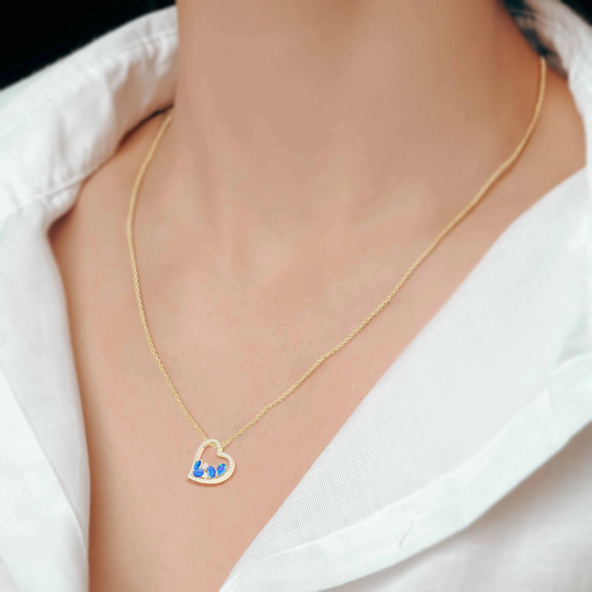 Natural Blue Opal 4 Stone Heart Chain Pendant Necklace - Image 3