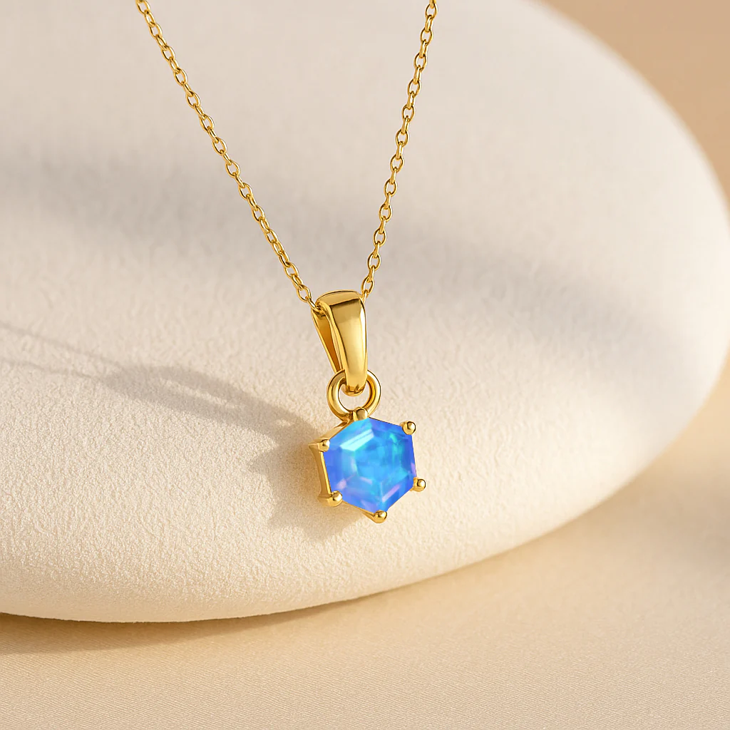 Natural Blue Opal Hexagon Solitaire Pendant Necklace in 925 Sterling Silver 1.20ct - Image 6