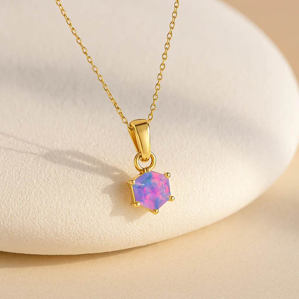 Natural Lavender Opal Hexagon Solitaire Pendant Necklace in 925 Sterling Silver 1.20ct - Image 4