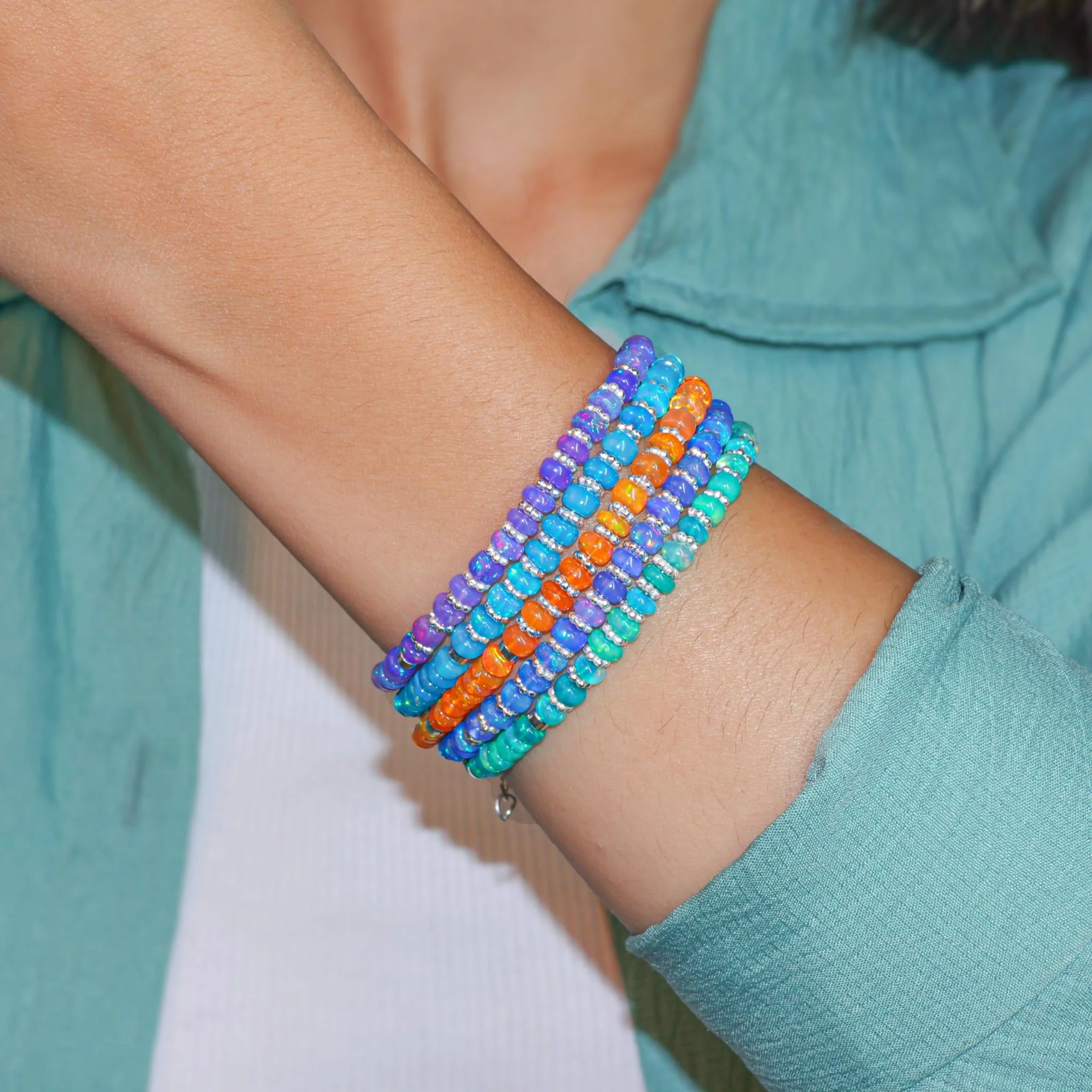 Natural Orange Opal Beaded Bracelet With Circular Silver Chakri Beads - Image 6