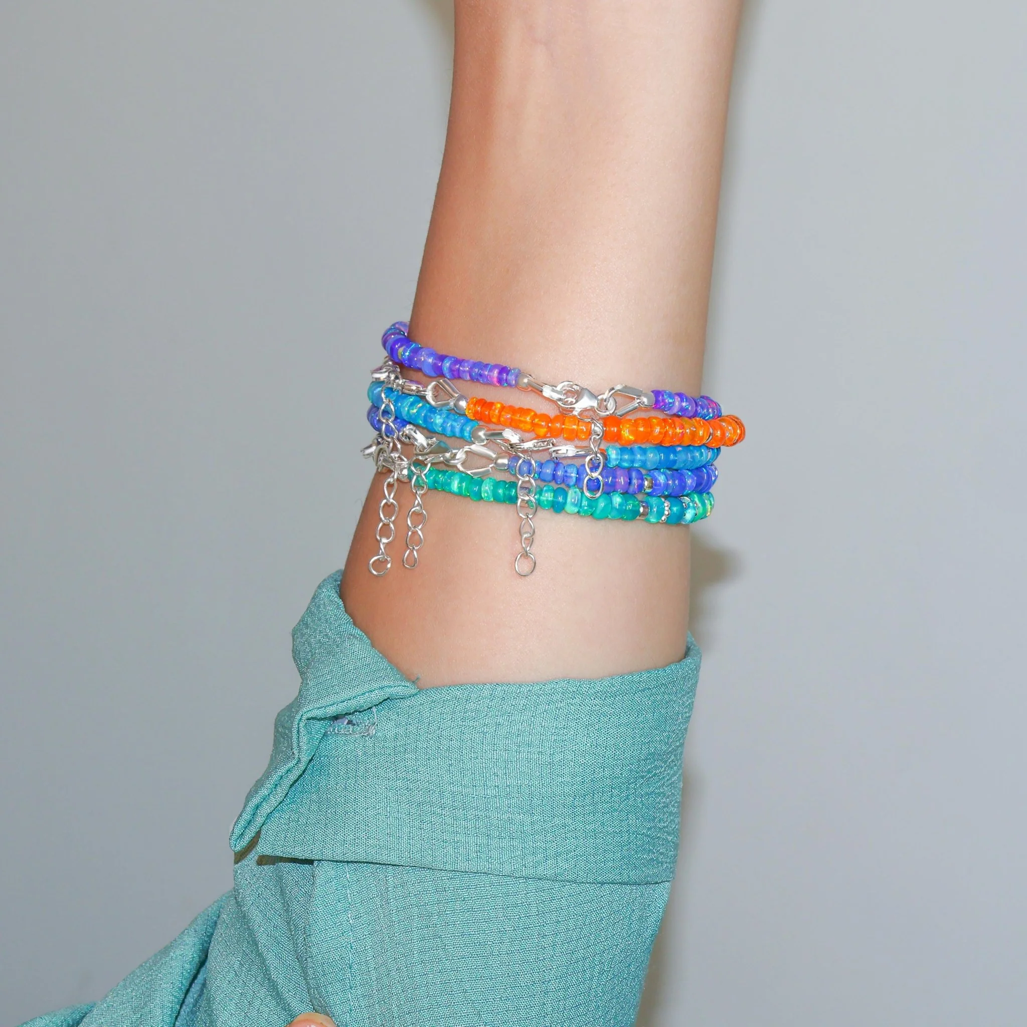 Natural Orange Opal Beaded Bracelet With Circular Silver Chakri Beads - Image 7