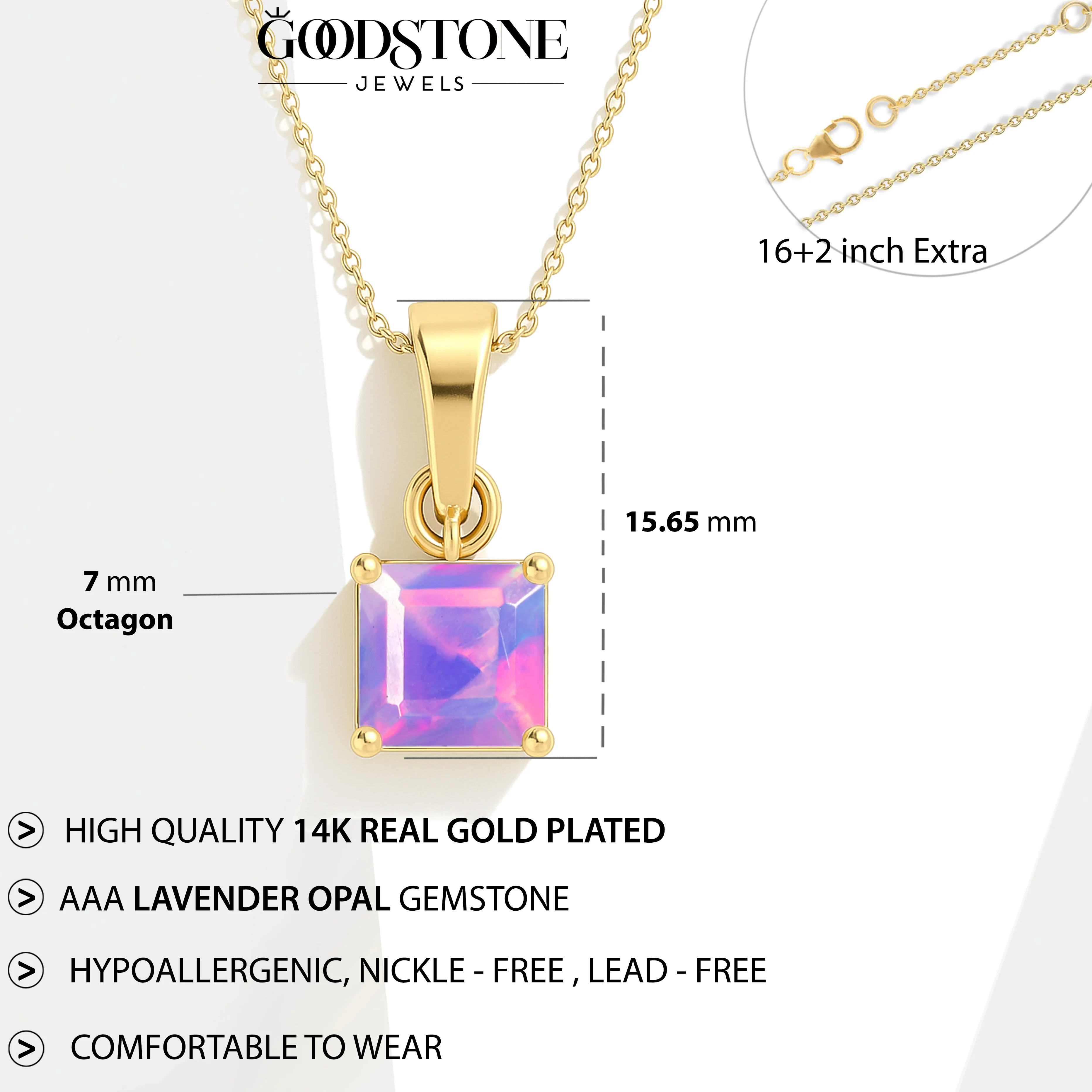 Octagon Lavender Opal Solitaire Pendant Necklace in 925 Sterling Silver 7mm Stone 1.20ct - Image 12