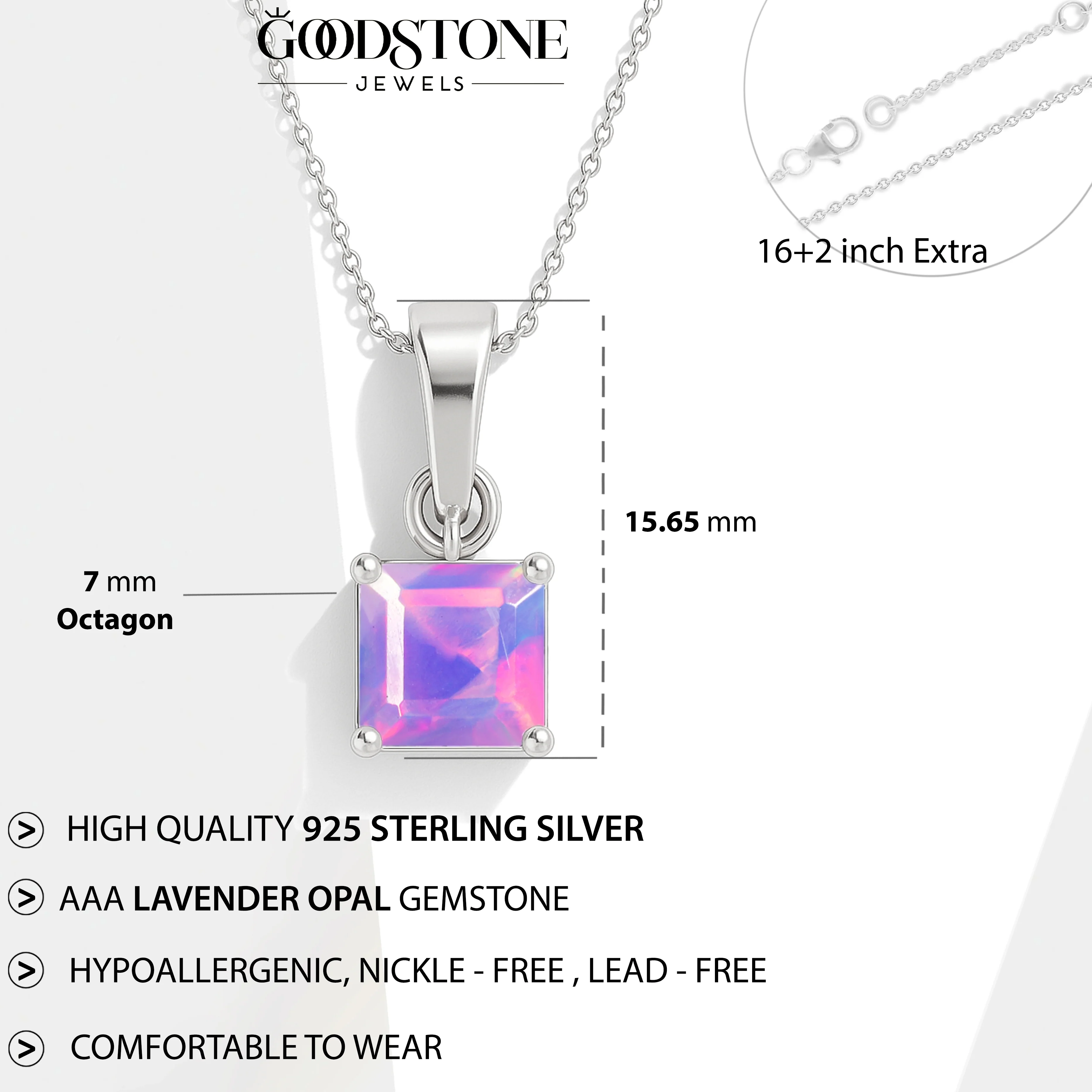 Octagon Lavender Opal Solitaire Pendant Necklace in 925 Sterling Silver 7mm Stone 1.20ct - Image 6