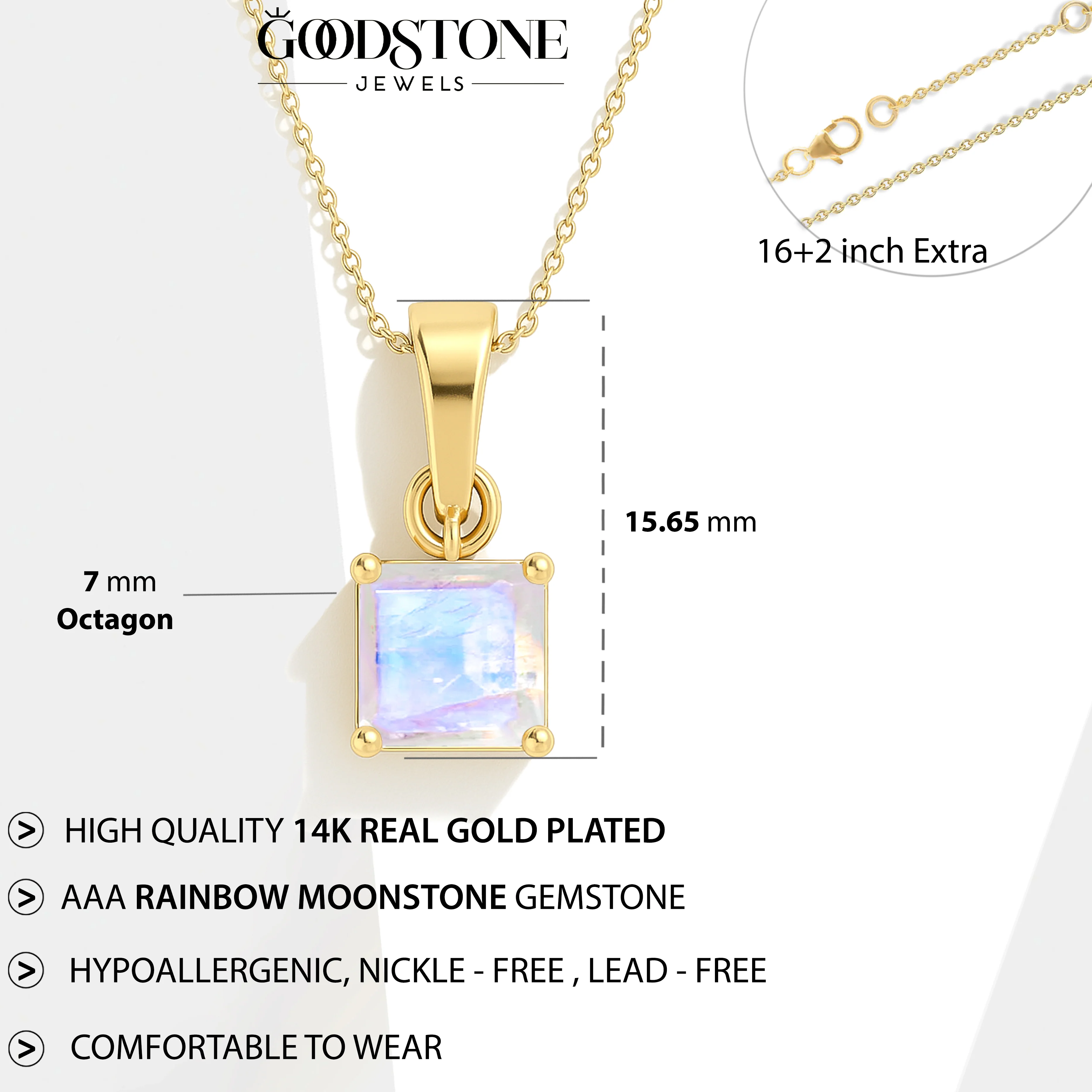 Octagon Moonstone Solitaire Pendant Necklace in 925 Sterling Silver 7mm Stone 1.50ct - Image 11