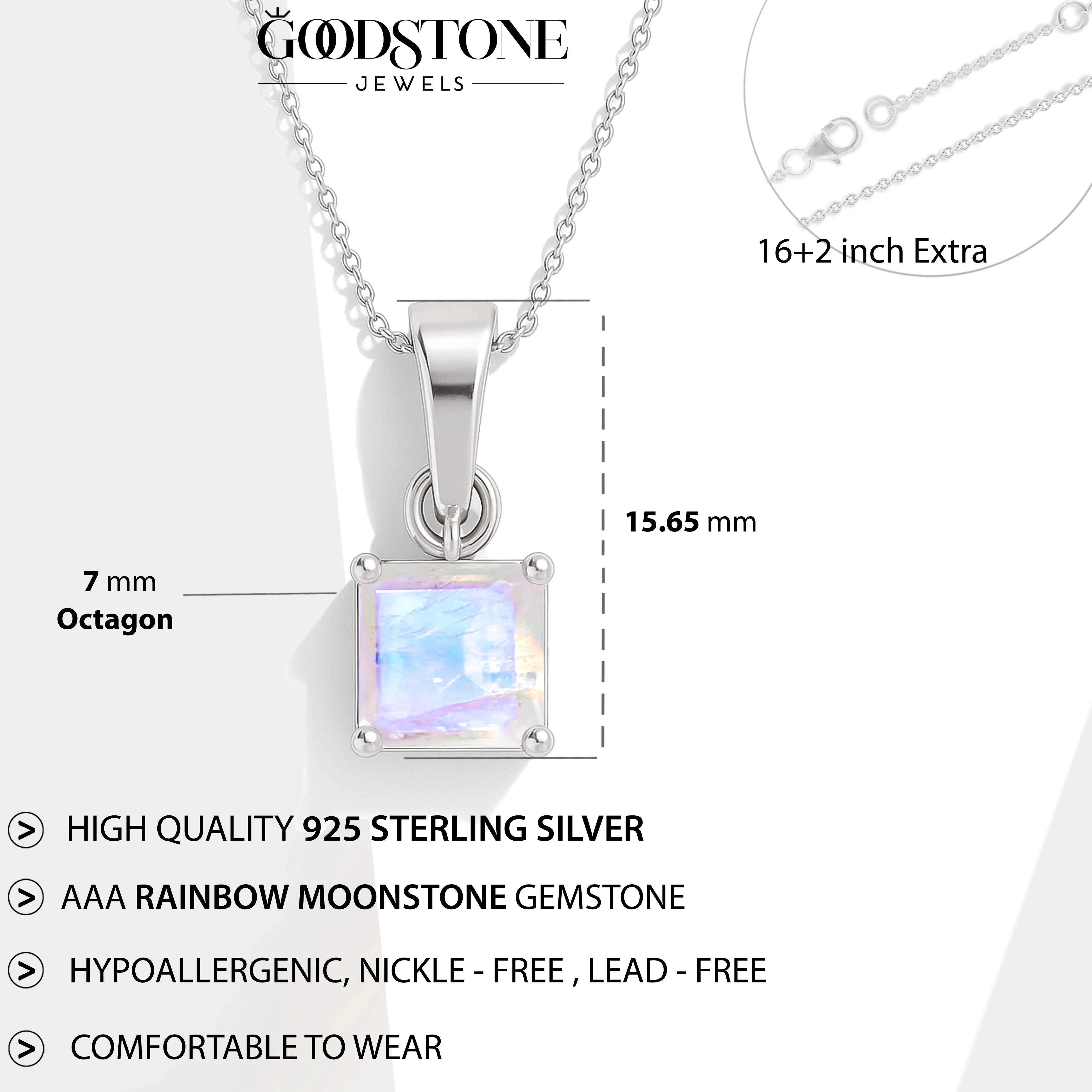 Octagon Moonstone Solitaire Pendant Necklace in 925 Sterling Silver 7mm Stone 1.50ct - Image 5