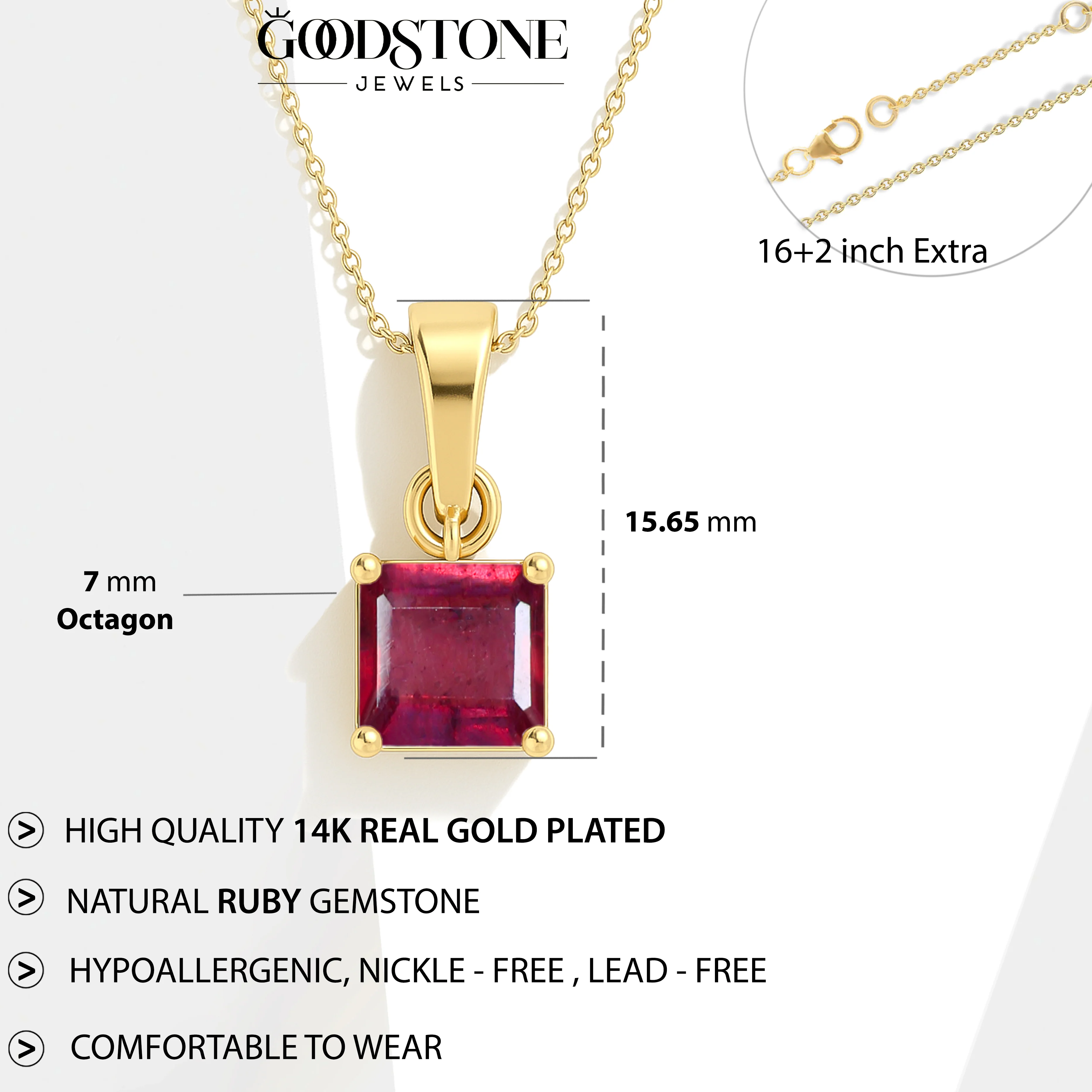 Octagon Ruby Solitaire Pendant Necklace in 925 Sterling Silver 7mm Stone 1.50ct - Image 11