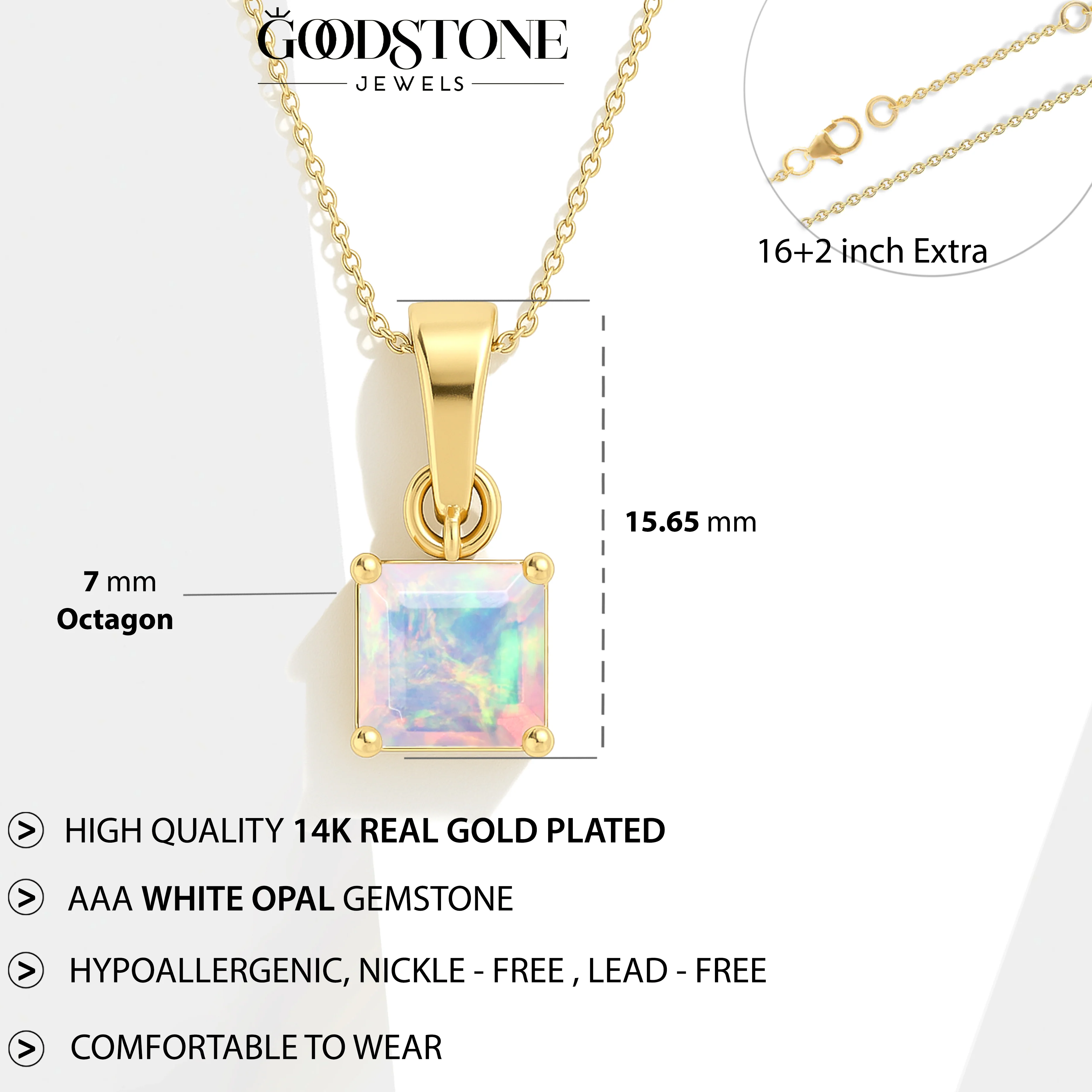 Octagon White Opal Solitaire Pendant Necklace in 925 Sterling Silver 7mm Stone 1.20ct - Image 10