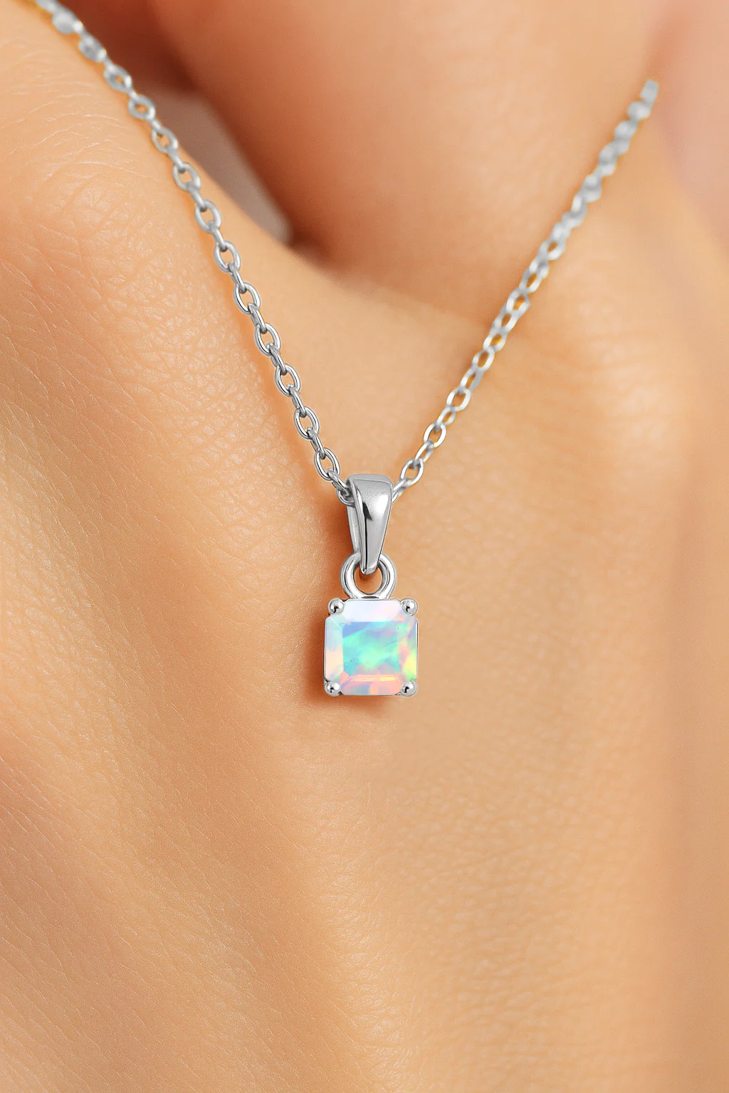 Octagon White Opal Solitaire Pendant Necklace in 925 Sterling Silver 7mm Stone 1.20ct - Image 11