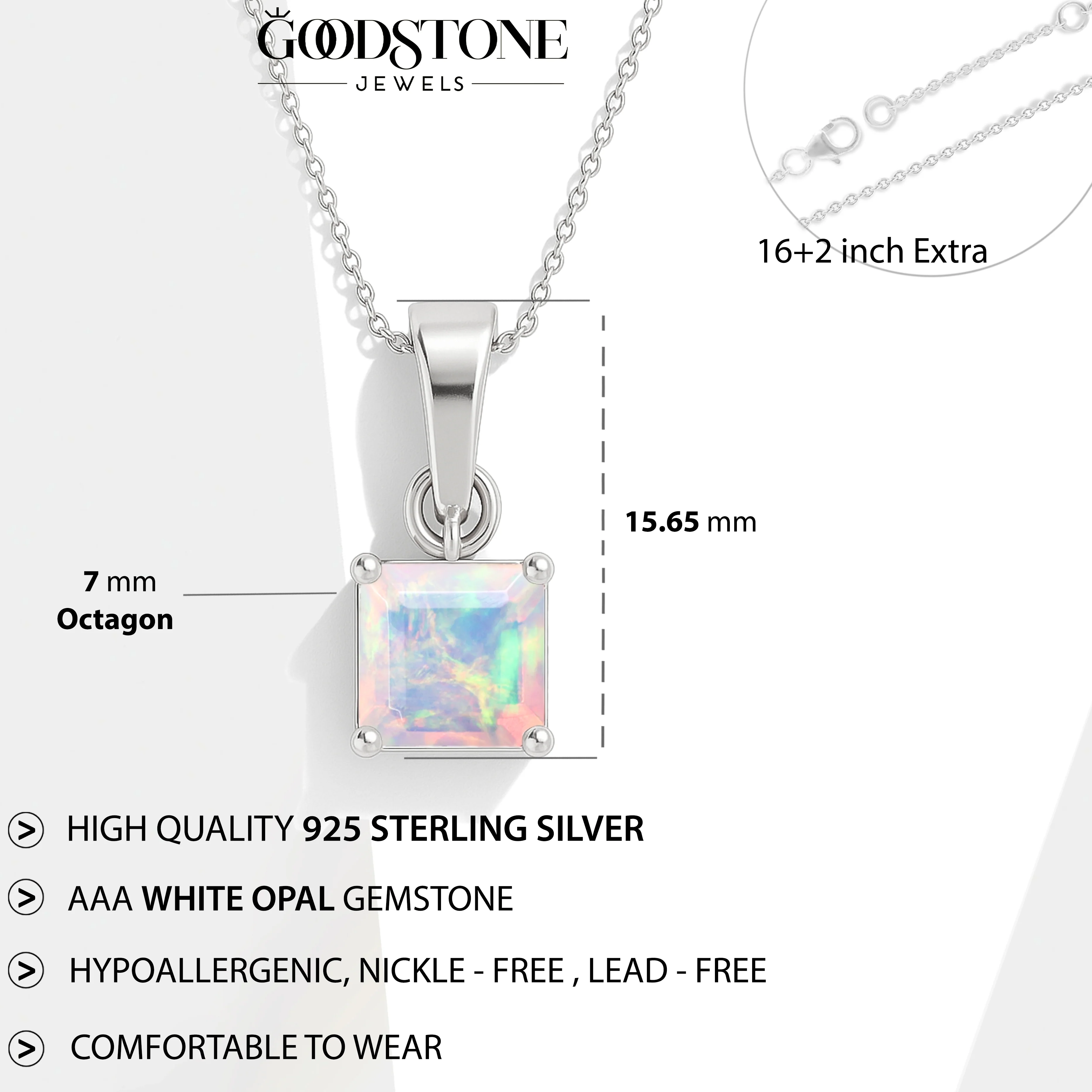 Octagon White Opal Solitaire Pendant Necklace in 925 Sterling Silver 7mm Stone 1.20ct - Image 4