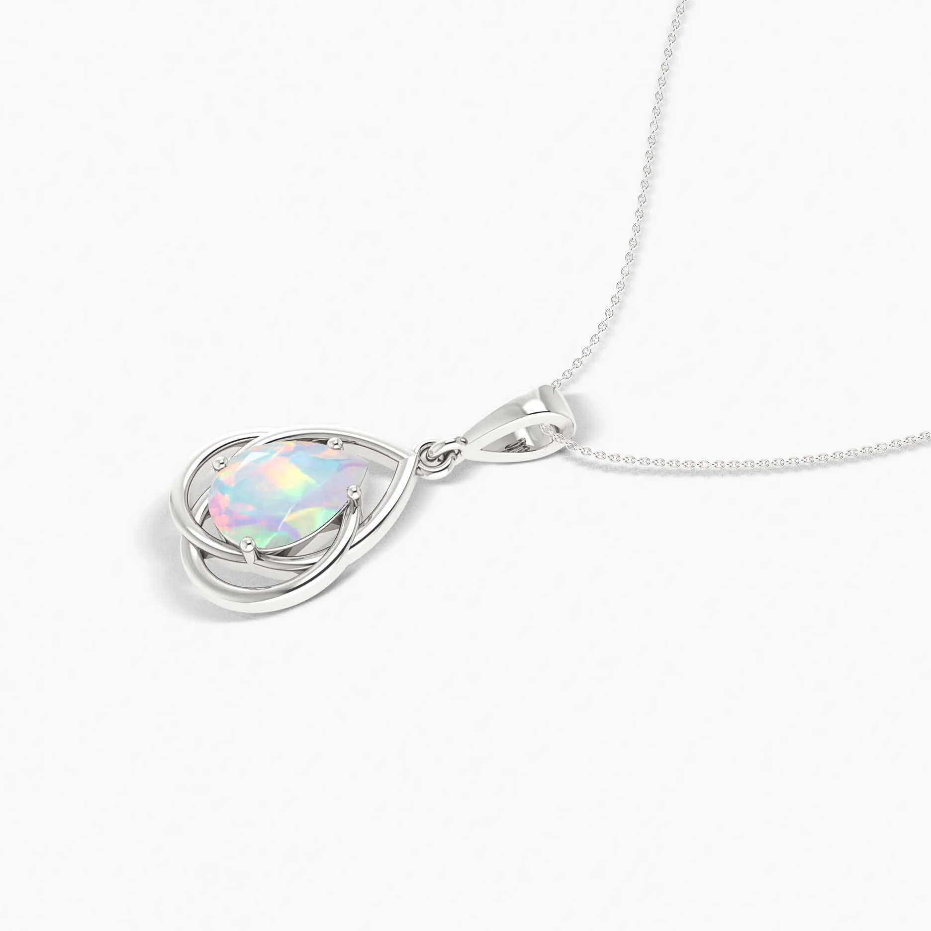 Pear Shape Natural White Opal Solitaire Pendant Chain Necklace - Image 4