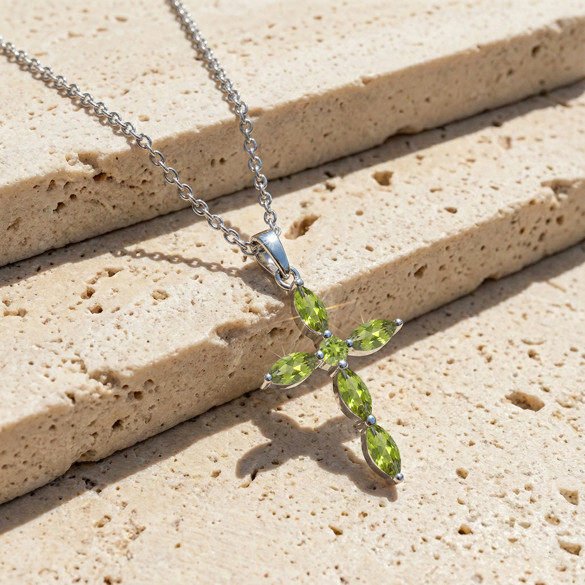 Peridot Marquise Cross Pendant Necklace in 925 Sterling Silver 2ct - Image 4