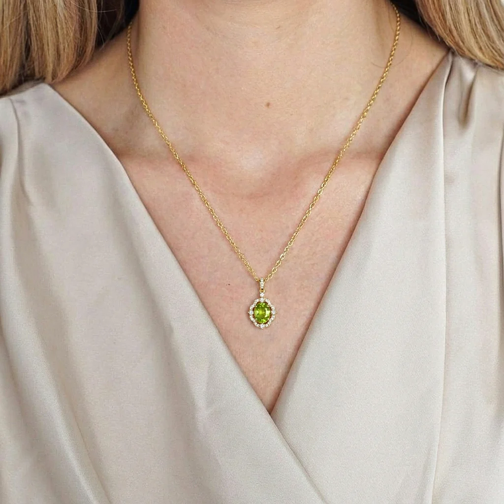 Peridot Oval Halo Pendant Necklace in 925 Sterling Silver 1.2ct - Image 11