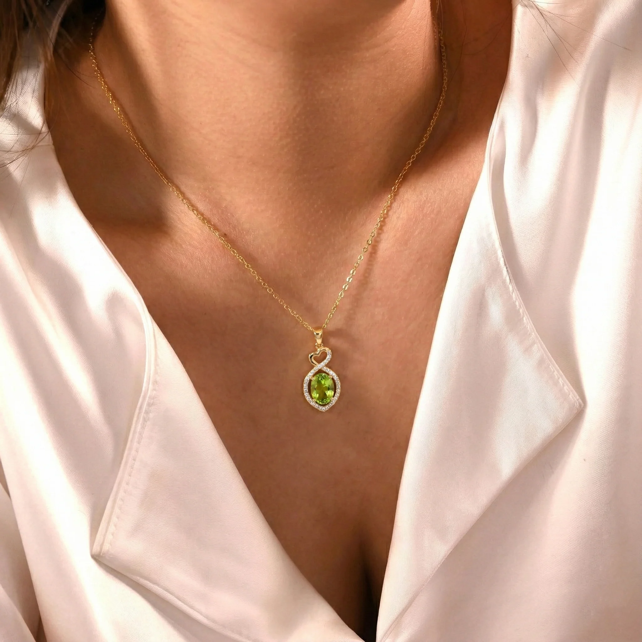 Peridot Oval Infinity Twist Heart Pendant Necklace in 925 Sterling Silver 1.2ct - Image 12