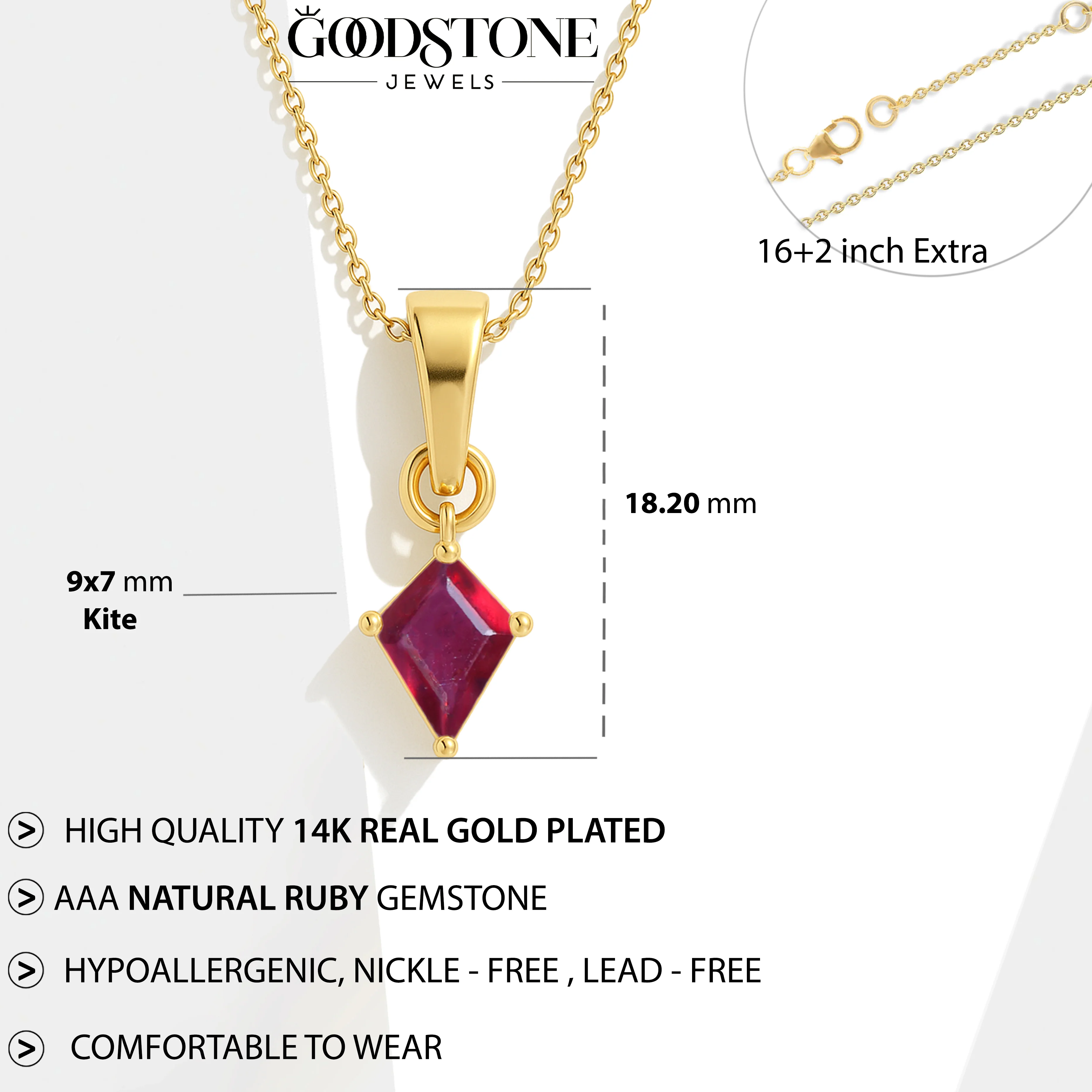 Ruby Kite Solitaire Pendant Necklace in 925 Sterling Silver 7x9mm Stone 1.40ct - Image 10