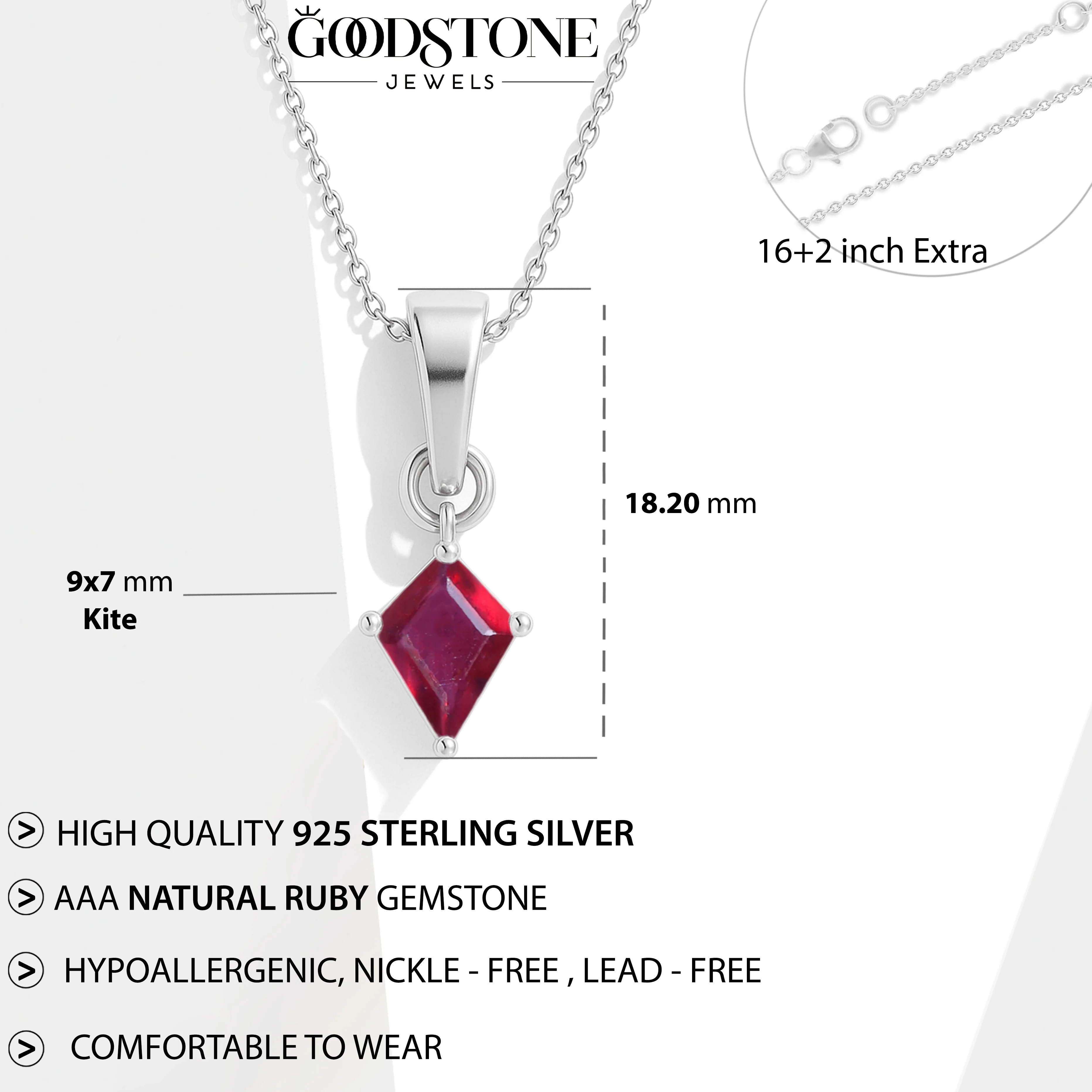 Ruby Kite Solitaire Pendant Necklace in 925 Sterling Silver 7x9mm Stone 1.40ct - Image 4