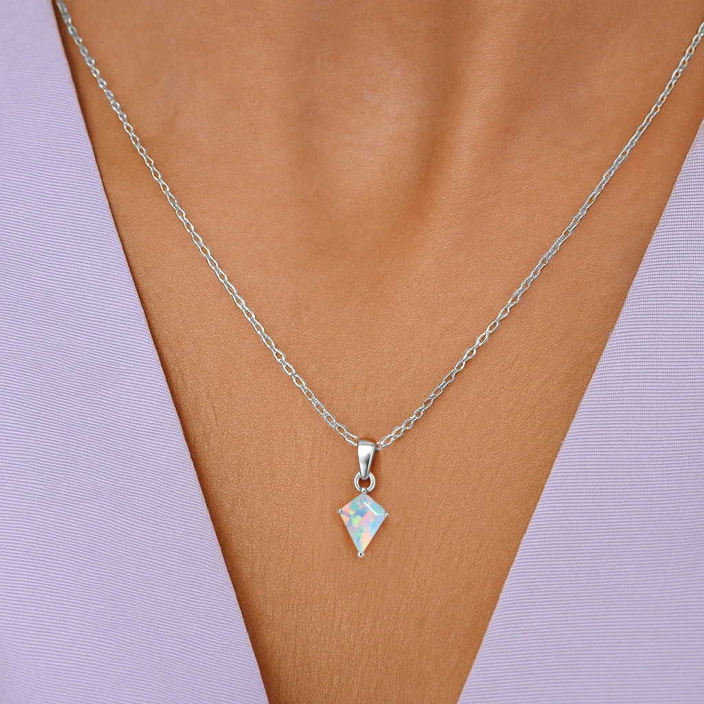 White Opal Kite Solitaire Pendant Necklace in 925 Sterling Silver 7x9mm Stone 1.20ct - Image 10