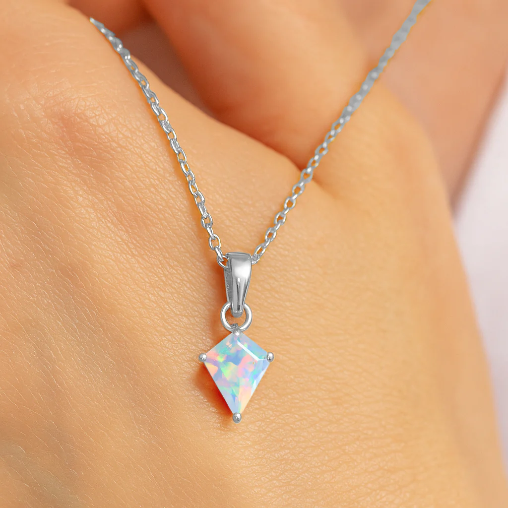 White Opal Kite Solitaire Pendant Necklace in 925 Sterling Silver 7x9mm Stone 1.20ct - Image 11