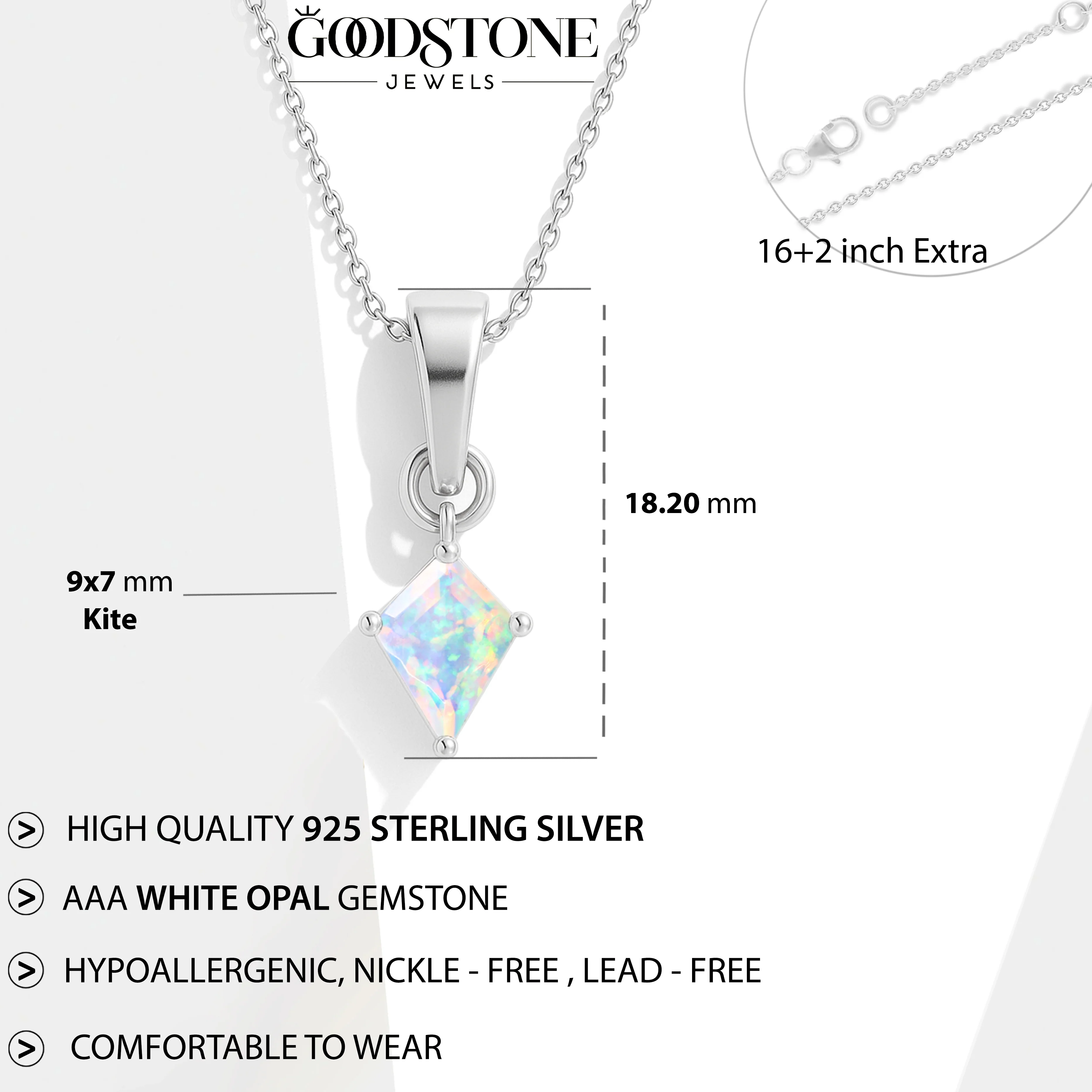 White Opal Kite Solitaire Pendant Necklace in 925 Sterling Silver 7x9mm Stone 1.20ct - Image 3