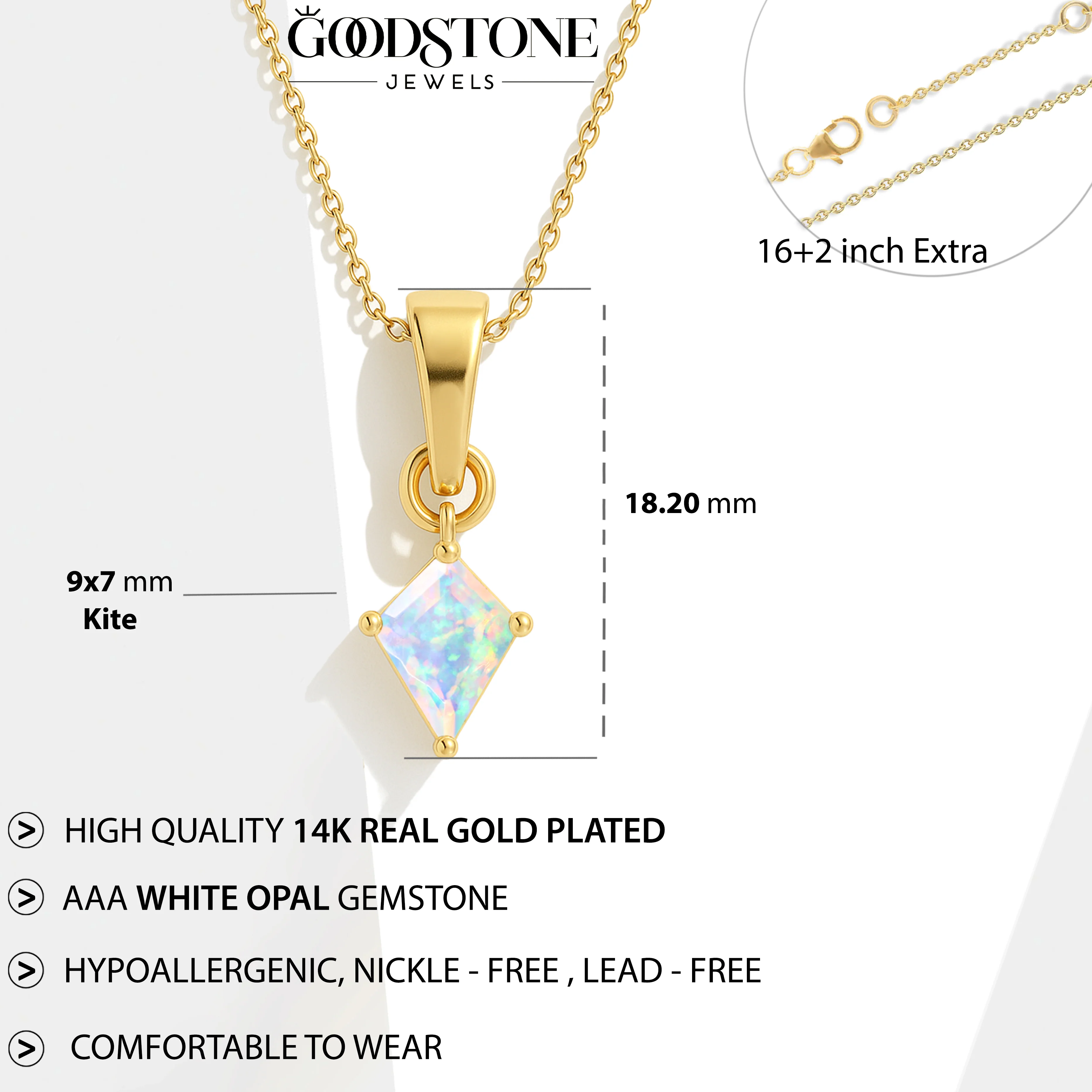 White Opal Kite Solitaire Pendant Necklace in 925 Sterling Silver 7x9mm Stone 1.20ct - Image 9