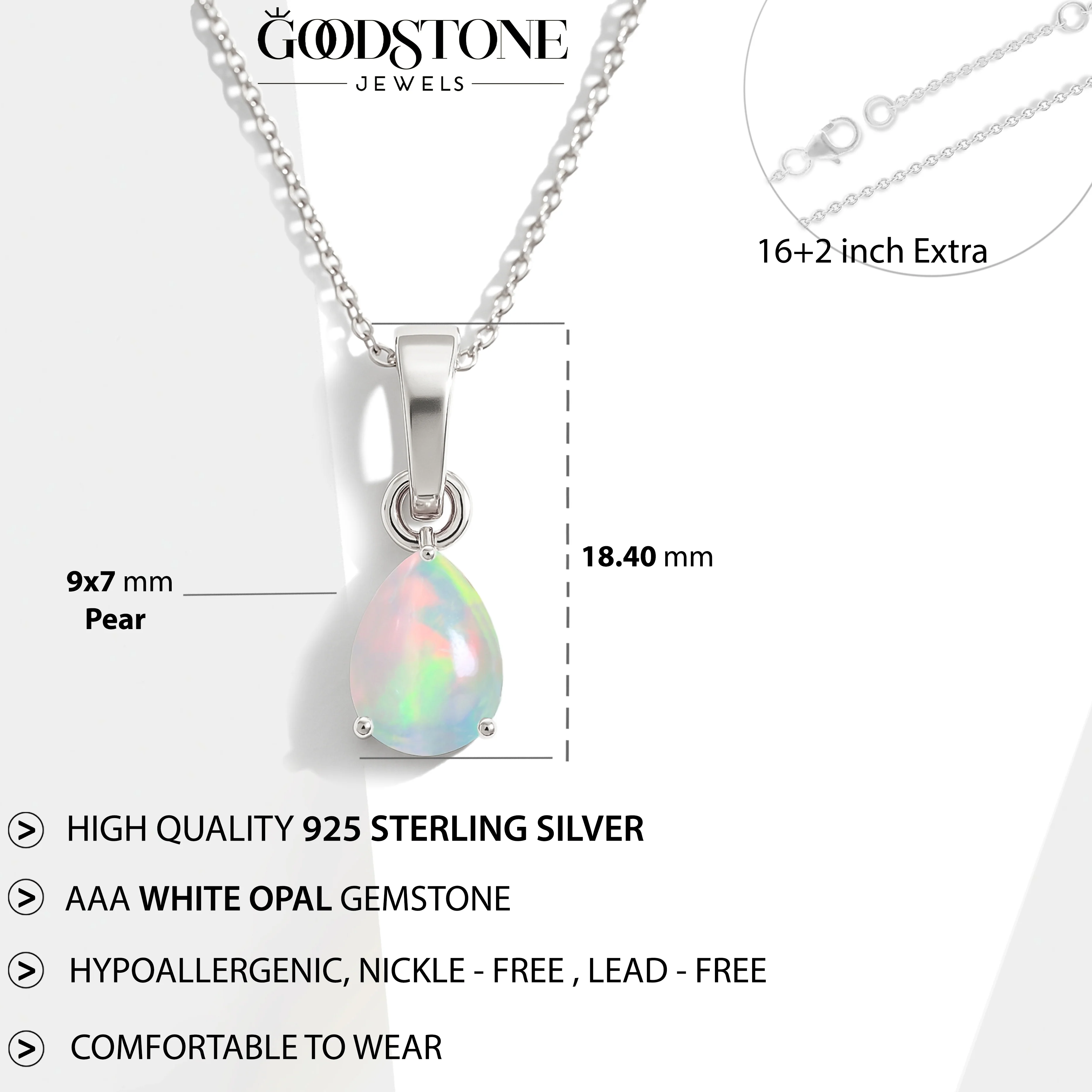 White Opal Pear Solitaire Teardrop Pendant Necklace in 925 Sterling Silver 1.20ct - Image 3
